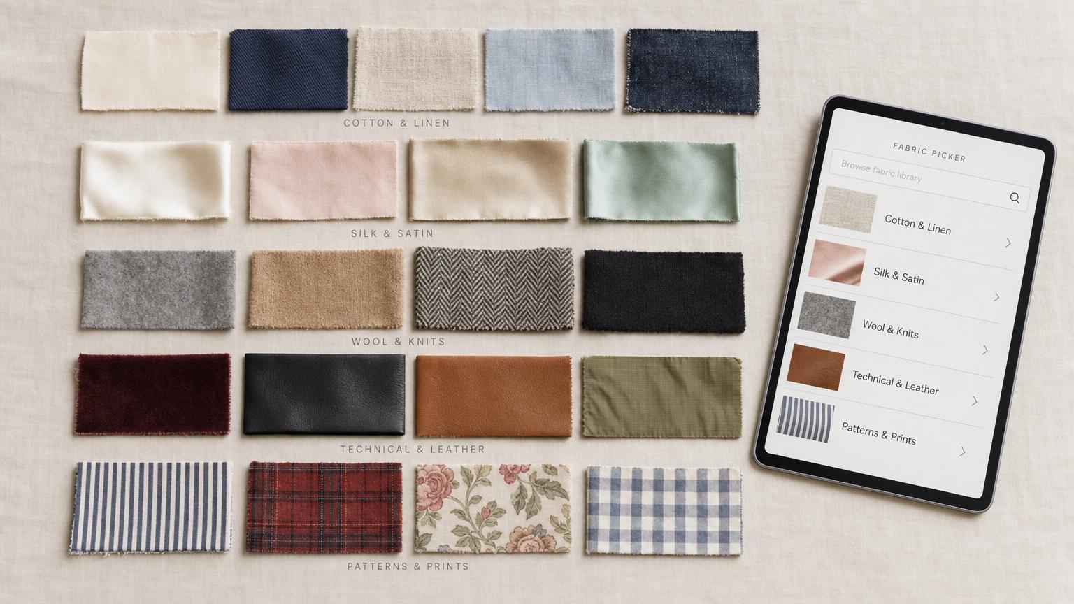 A curated fabric library — plus your own mill swatches.