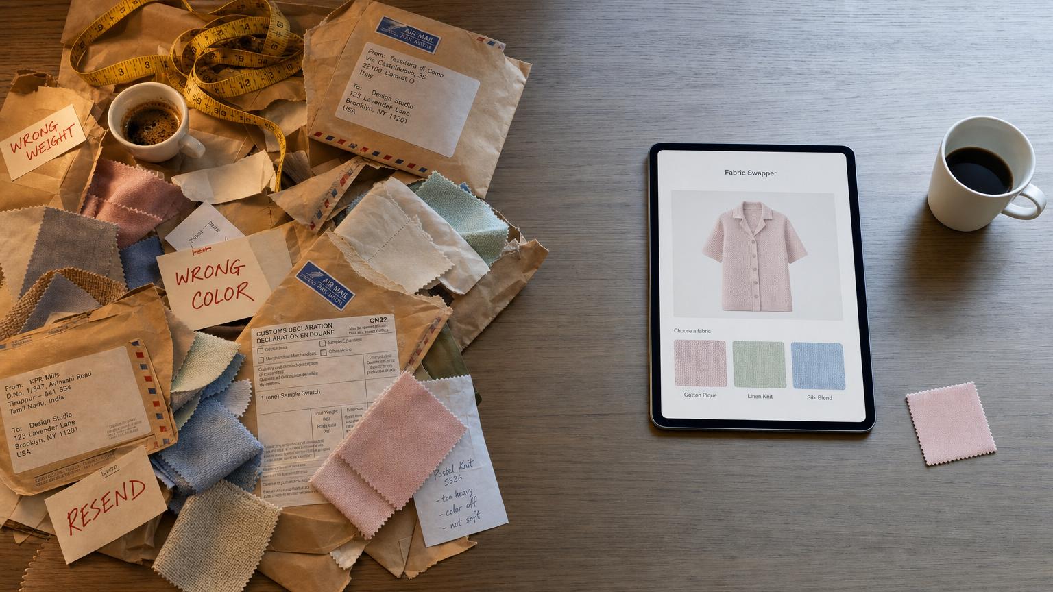 Replaces fabric orders, swatch envelopes, and material guesswork.