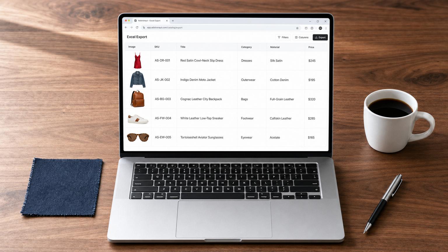 Excel export with embedded thumbnails — CSV-importable everywhere.
