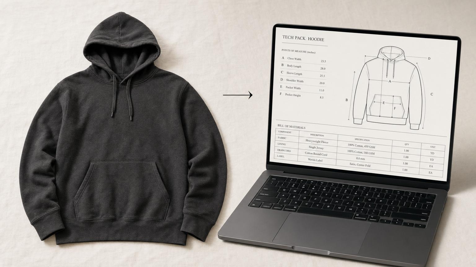 One photo in. A factory-ready tech pack out.