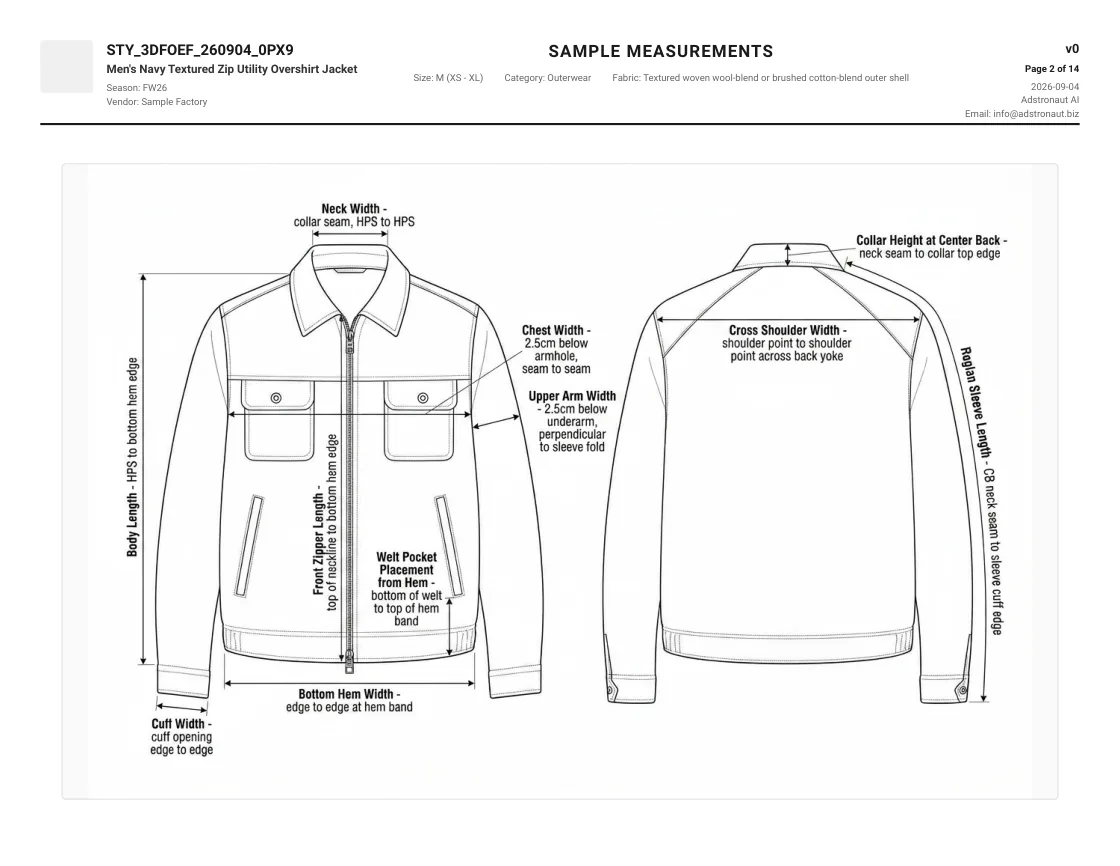 Technical flats and measurement callouts from the real overshirt tech pack