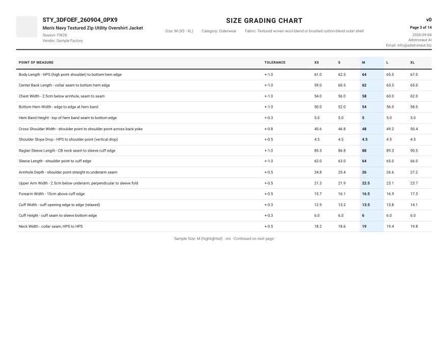 Size grading chart from XS to XL with a tolerance on every point of measure