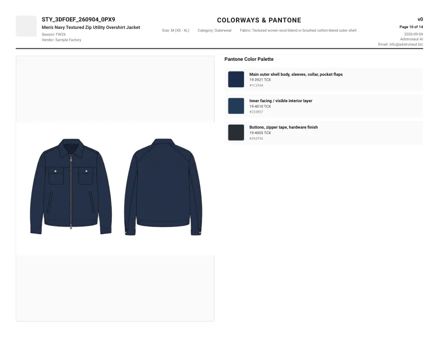 The colourways and Pantone page of a generated overshirt tech pack, with a TCX code for the shell, the facing and the hardware