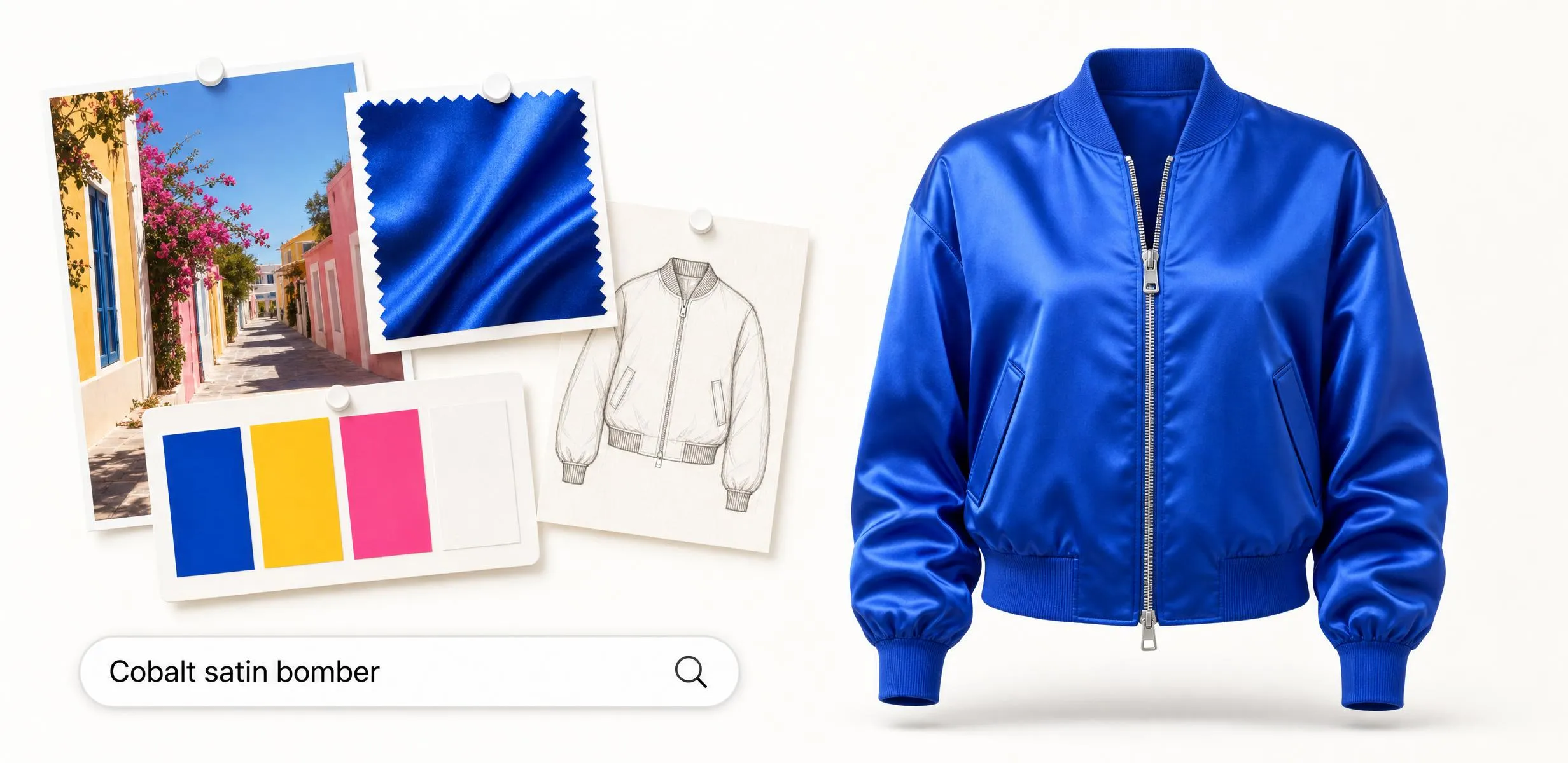 Moodboard and a one-line prompt becoming a photoreal cobalt satin bomber jacket
