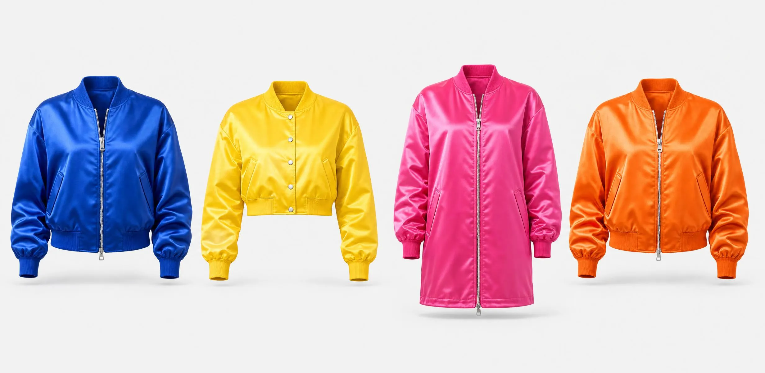 Four design variations of one bomber jacket — cobalt, sunshine yellow, fuchsia, and tangerine
