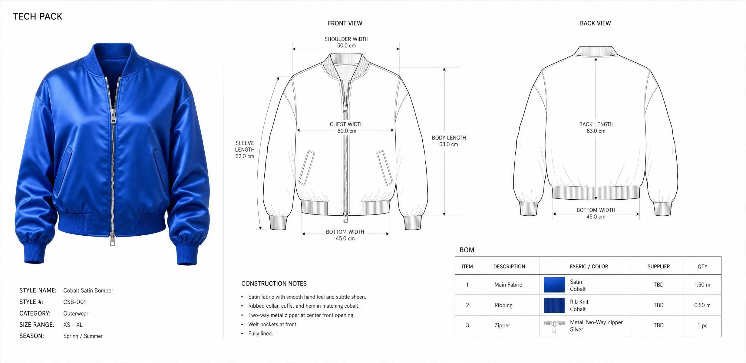The cobalt bomber beside its technical flat sketches, measurements, and bill of materials