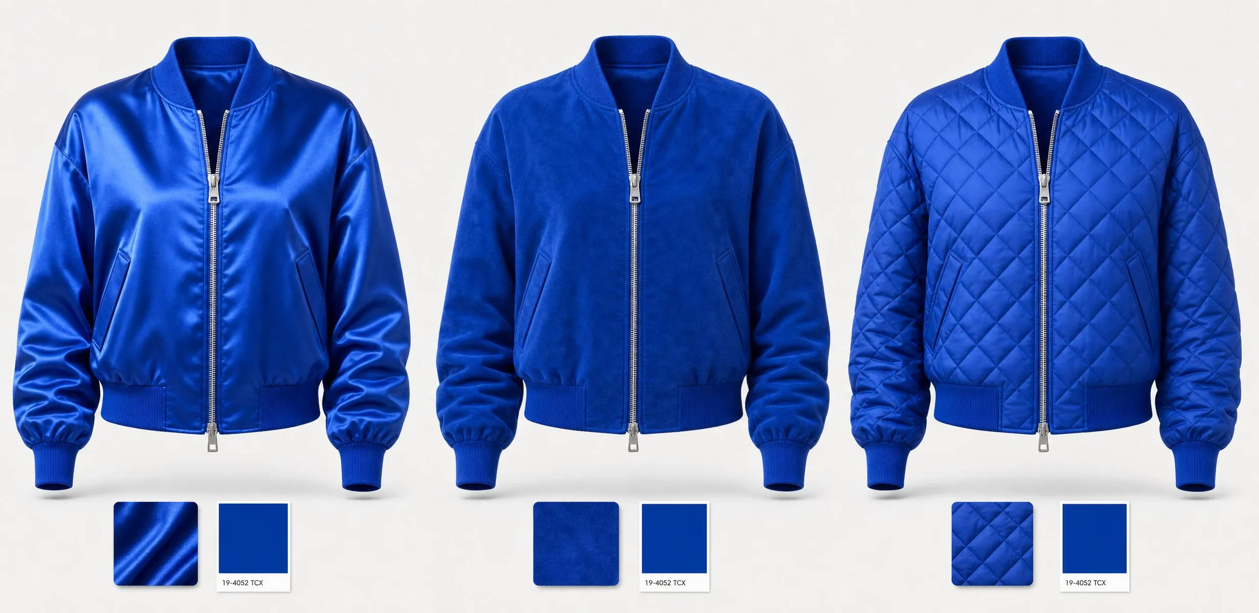The same bomber rendered in satin, suede, and quilted nylon with fabric swatches