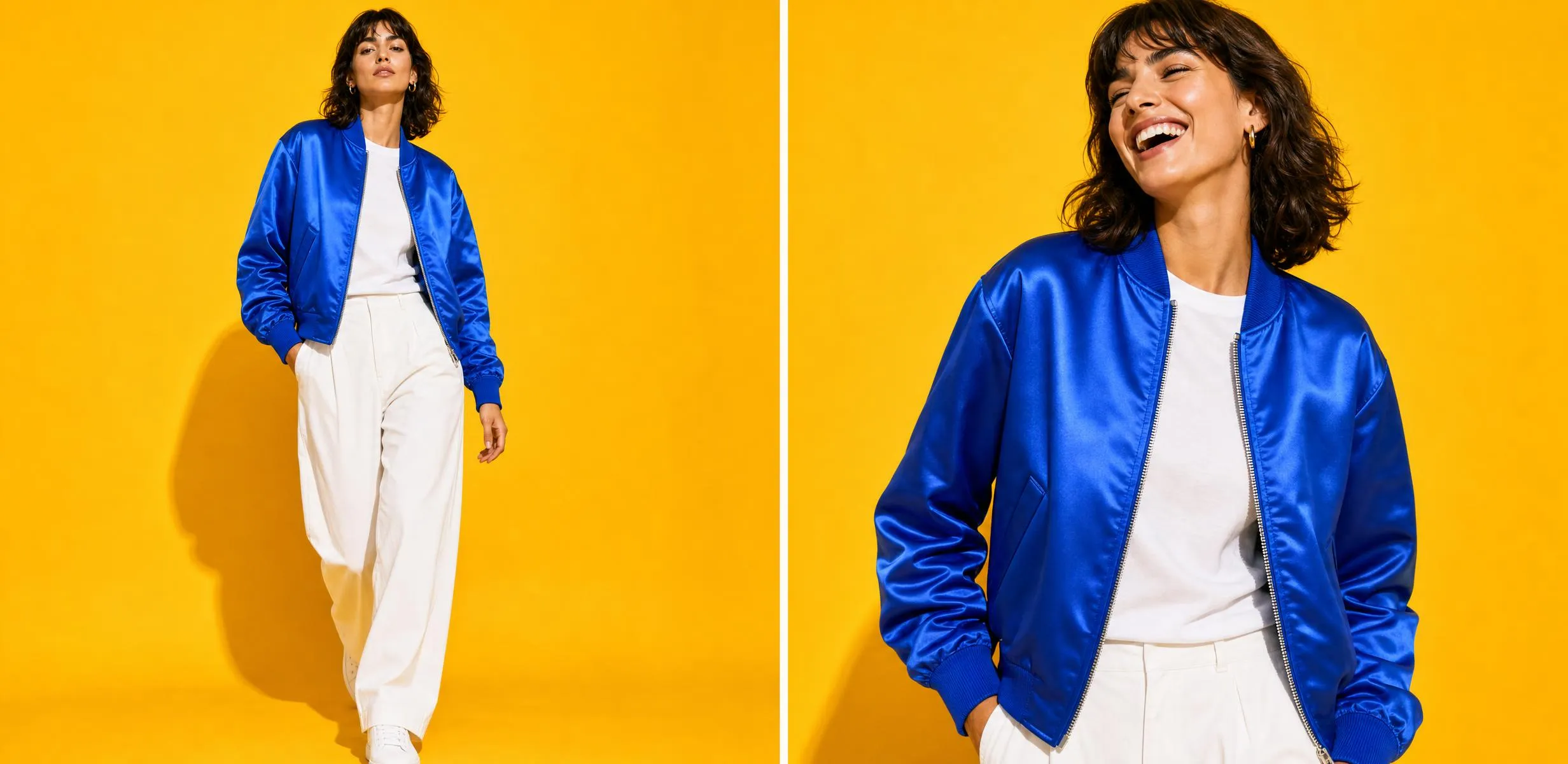 Editorial campaign frames of the cobalt bomber on a sunshine-yellow backdrop