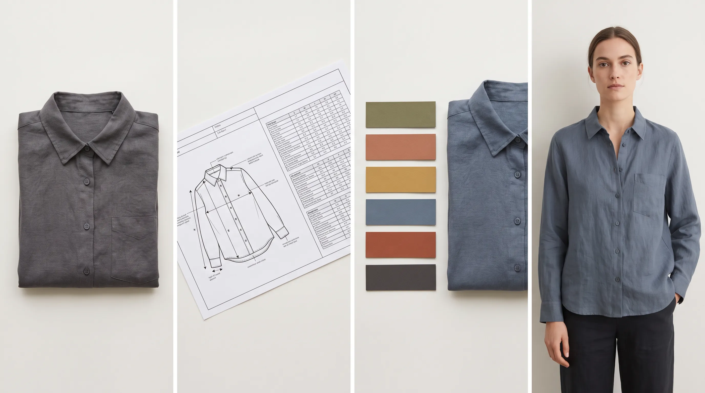 One garment photo becoming an Adstronaut tech pack, a Pantone colorway, and an on-model photoshoot image, arranged left to right on a clean surface