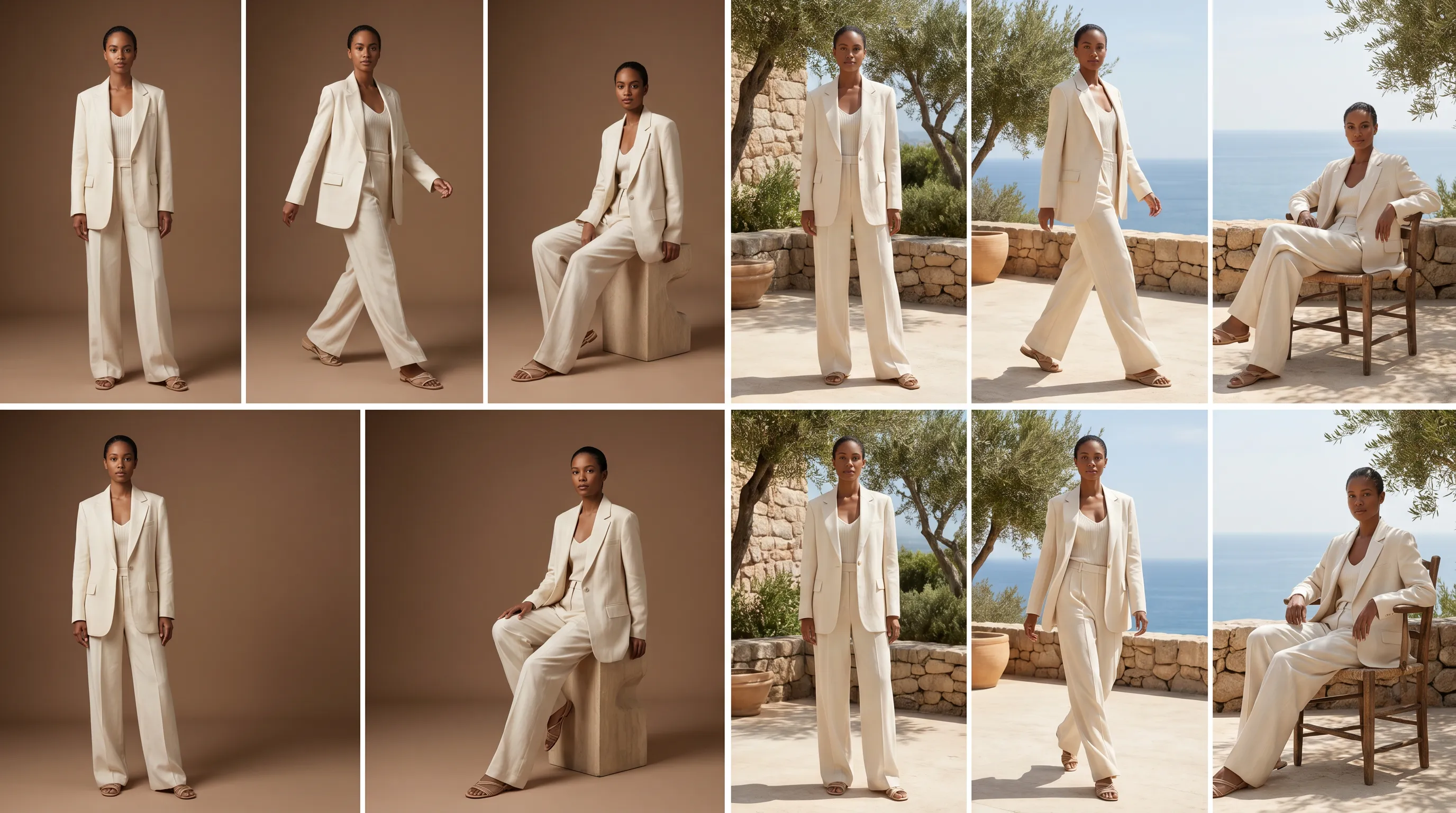 Adstronaut AI rendering the same garment on a named AI model across multiple directed poses and named scenes, the control Botika's fixed pose library doesn't offer