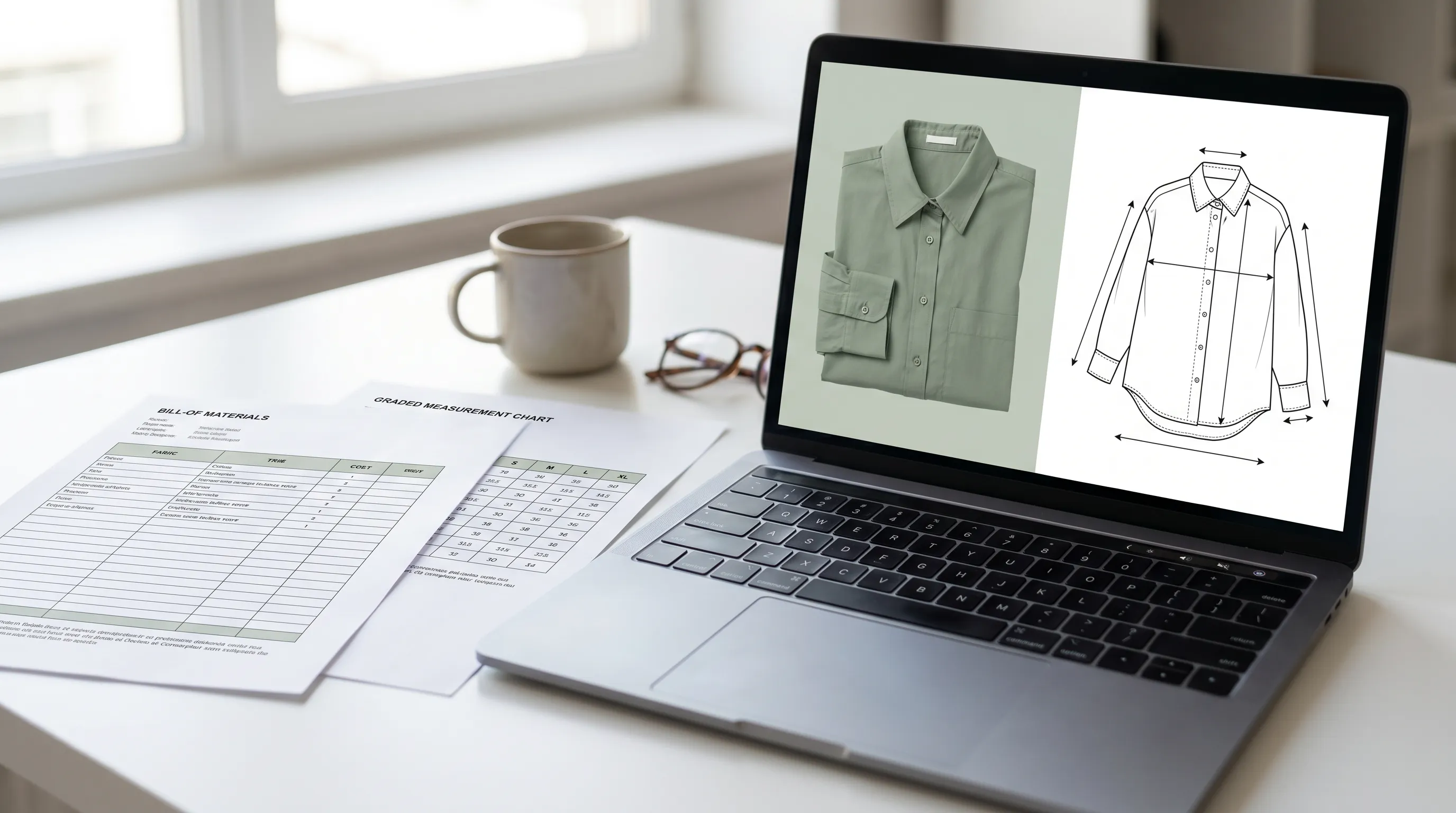 Adstronaut AI generating a technical flat sketch, structured bill of materials, and graded measurement chart from a single garment photo, the factory-ready content a Canva template can only lay out