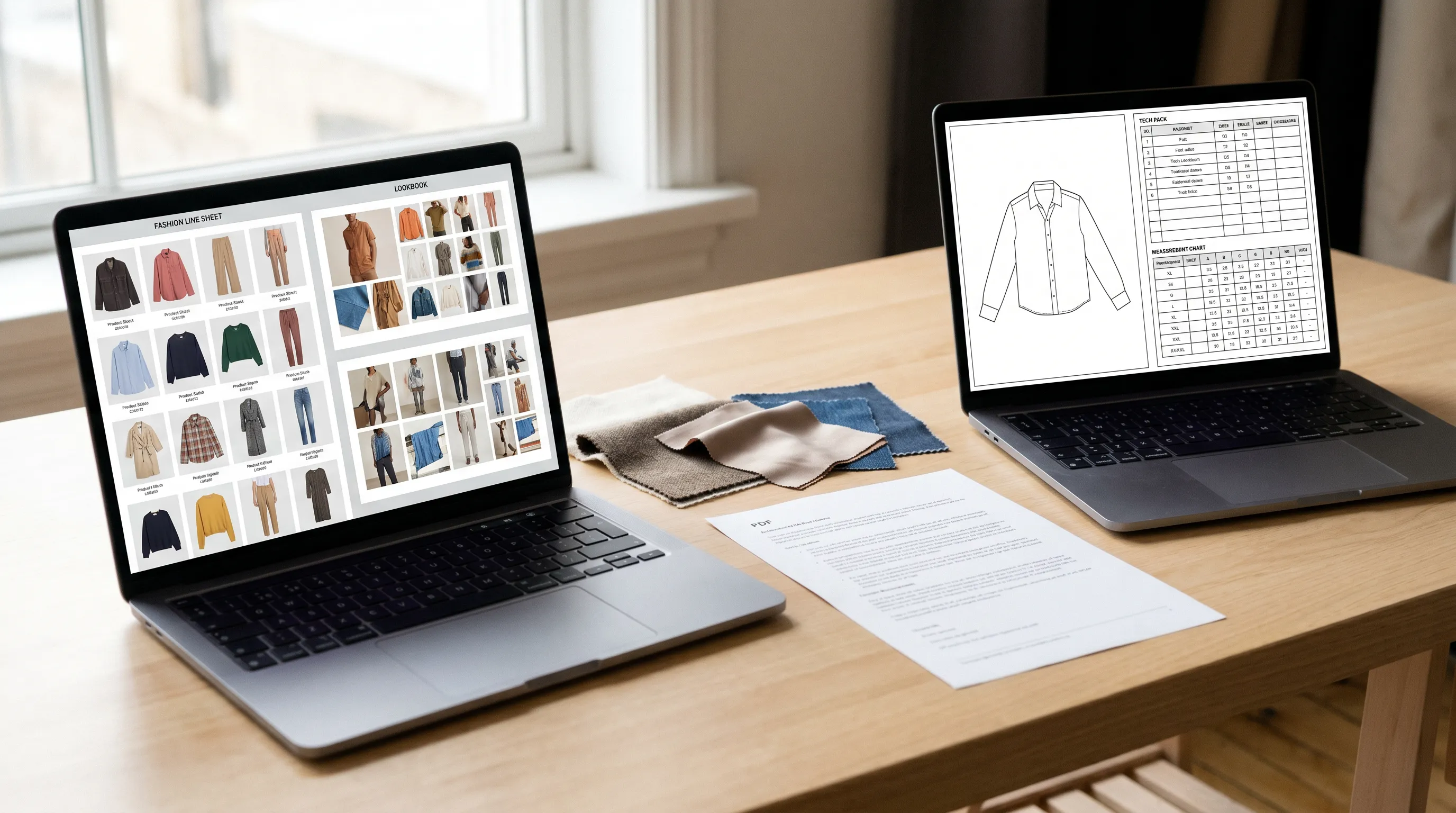 A fashion brand's split workflow: Canva used for the line sheet and lookbook on one screen while Adstronaut AI generates the factory-ready tech pack on another