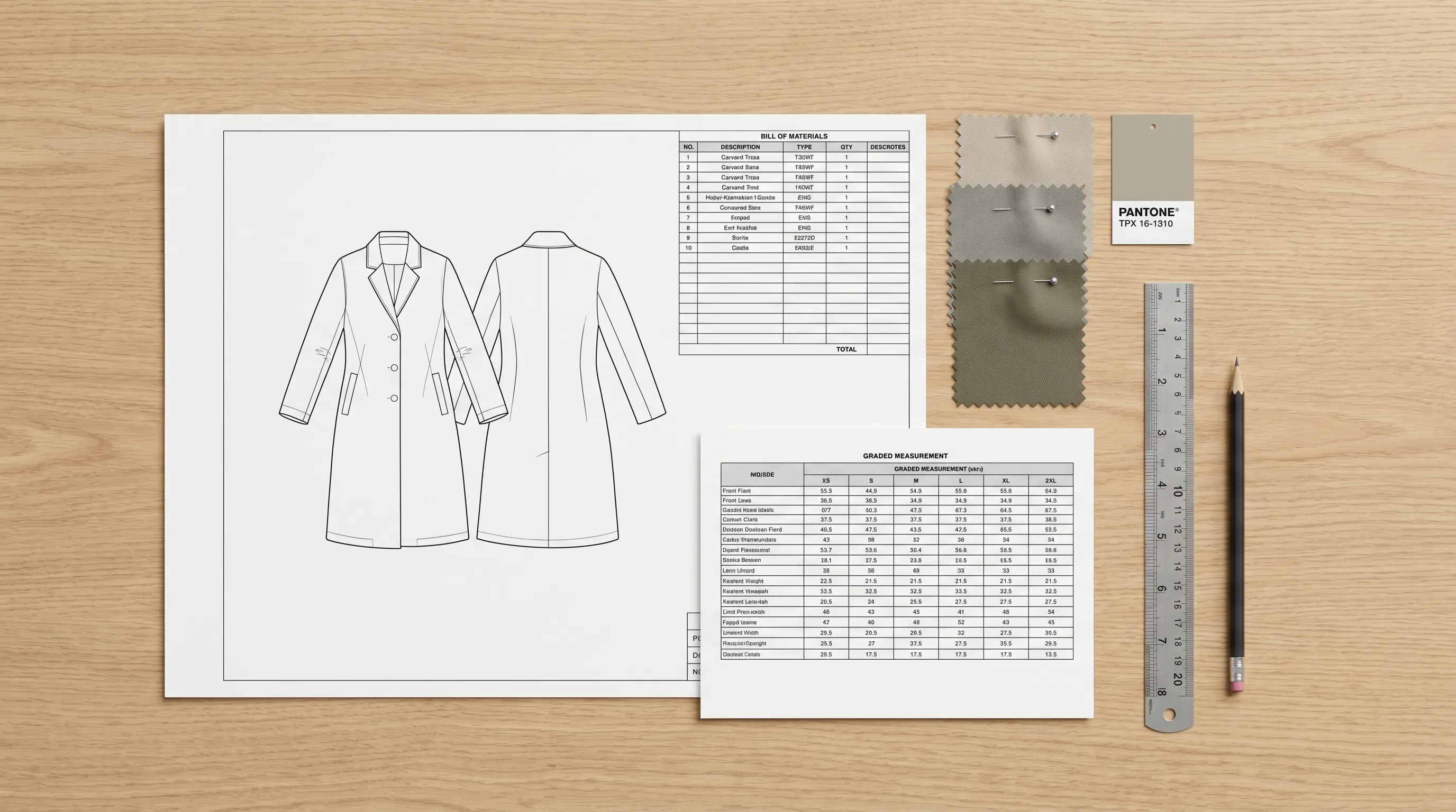 Adstronaut AI tech pack generated from one garment photo: technical flat sketch, bill of materials, graded measurement chart, and Pantone colorway, spread on a clean desk
