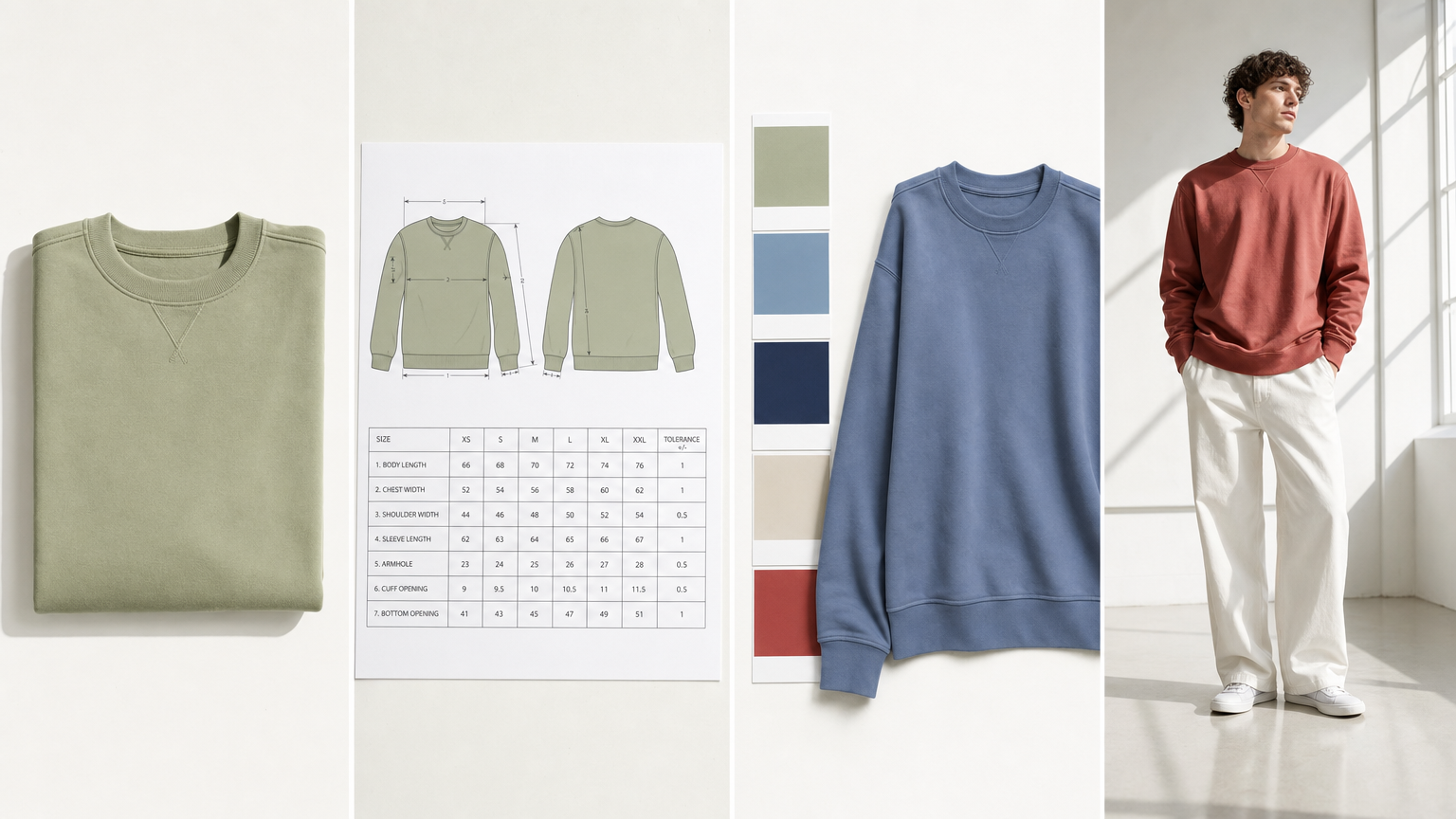 One garment photo becoming an Adstronaut tech pack, a Pantone colorway, and an on-model photoshoot image, arranged left to right on a clean bright surface
