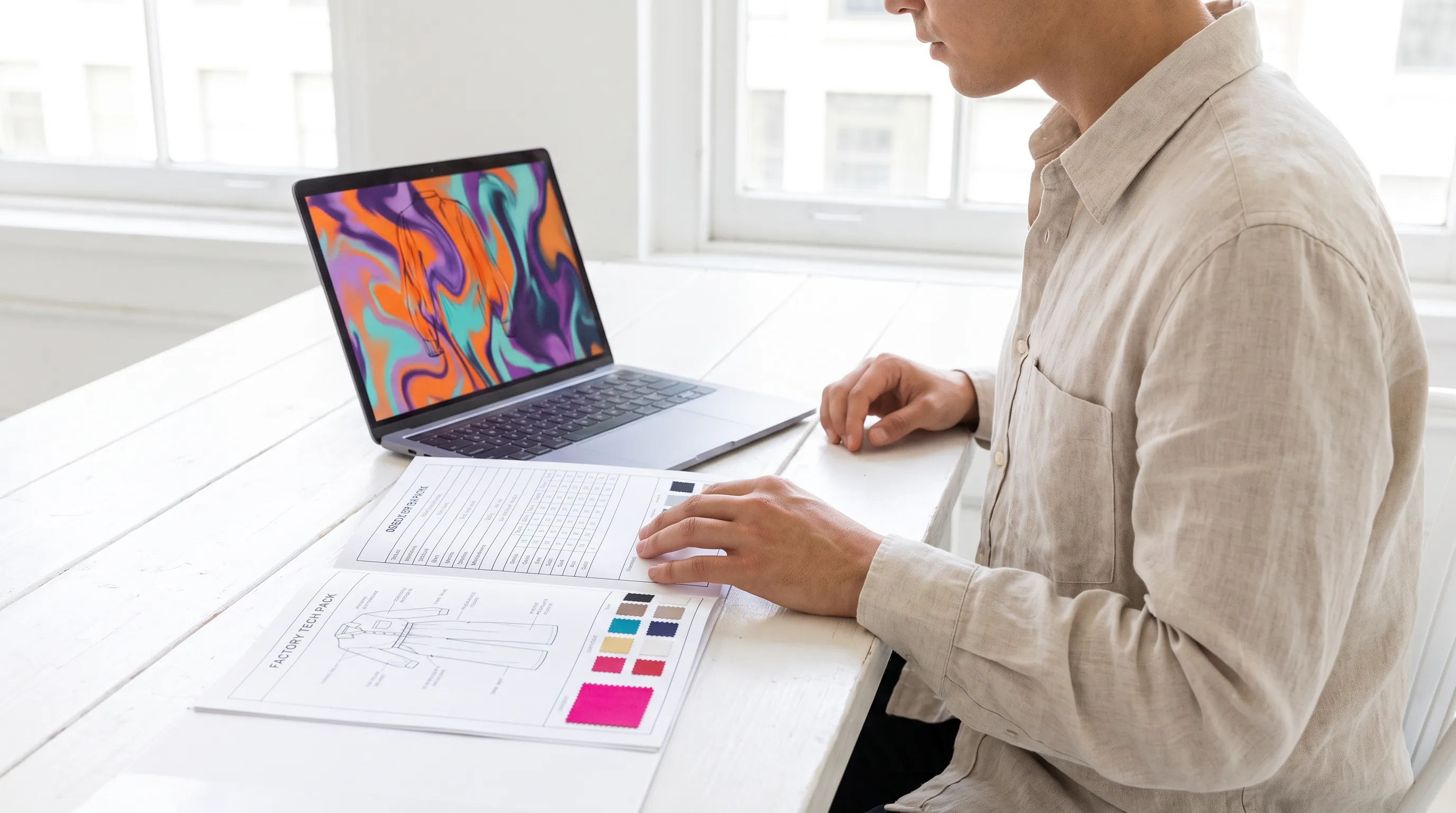 A fashion founder at a bright desk comparing an AI product-visual on a laptop against a printed factory tech pack with a graded measurement chart and Pantone chips