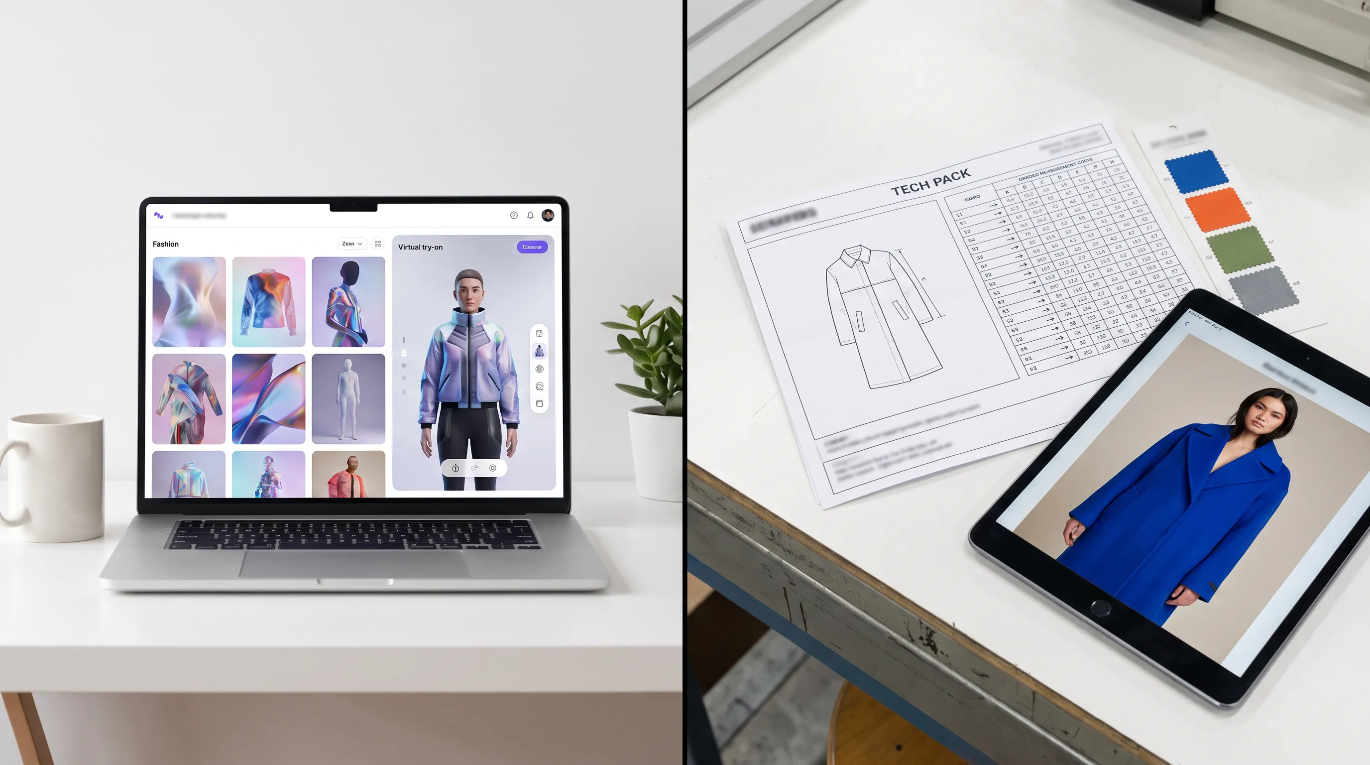 Comparison of Genpire alternatives for fashion brands: an AI-visuals tool beside a platform generating a documented factory tech pack, a Pantone colorway, and an on-model image from one photo