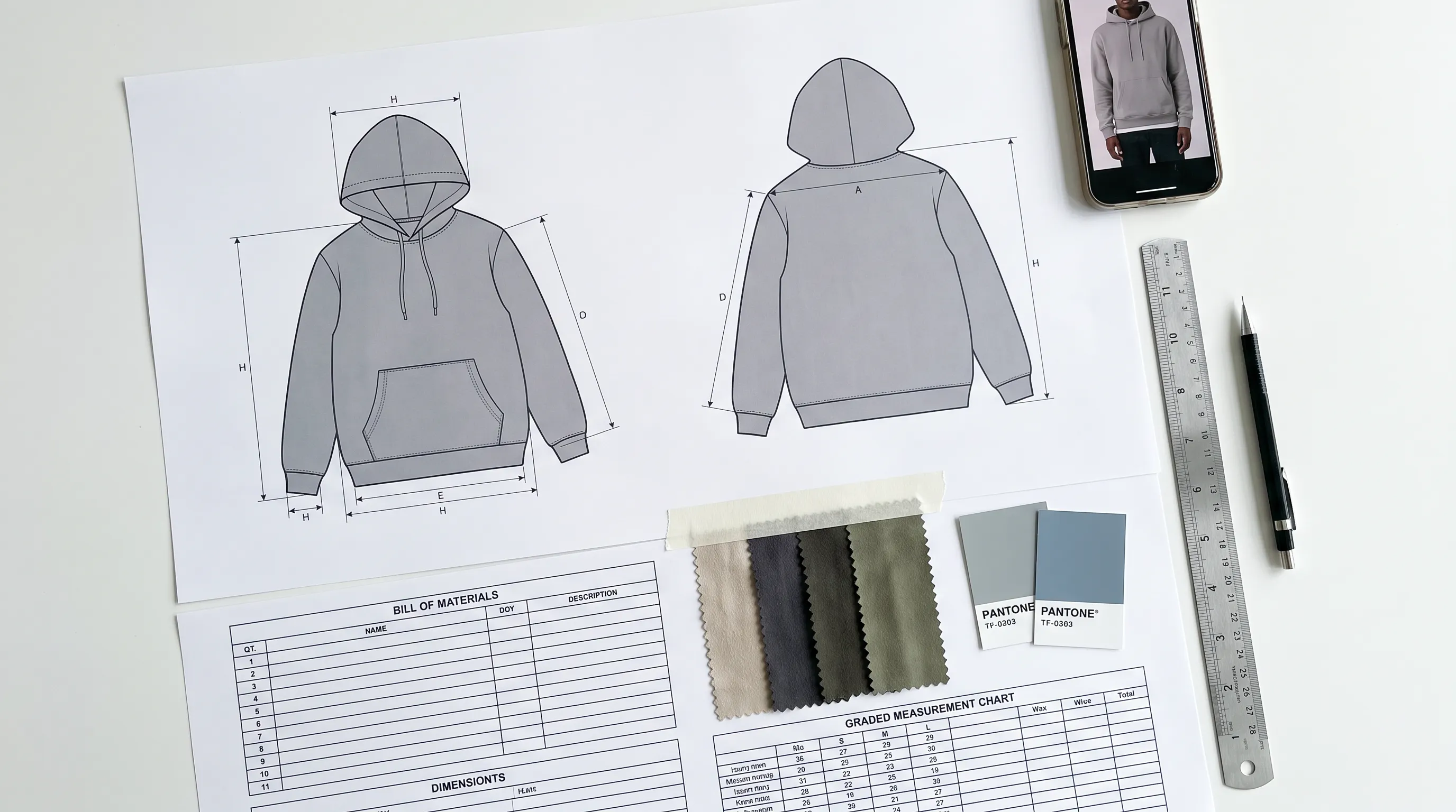 Factory-ready tech pack generated without Adobe Illustrator: flat sketch, bill of materials, graded measurement chart, and Pantone chips