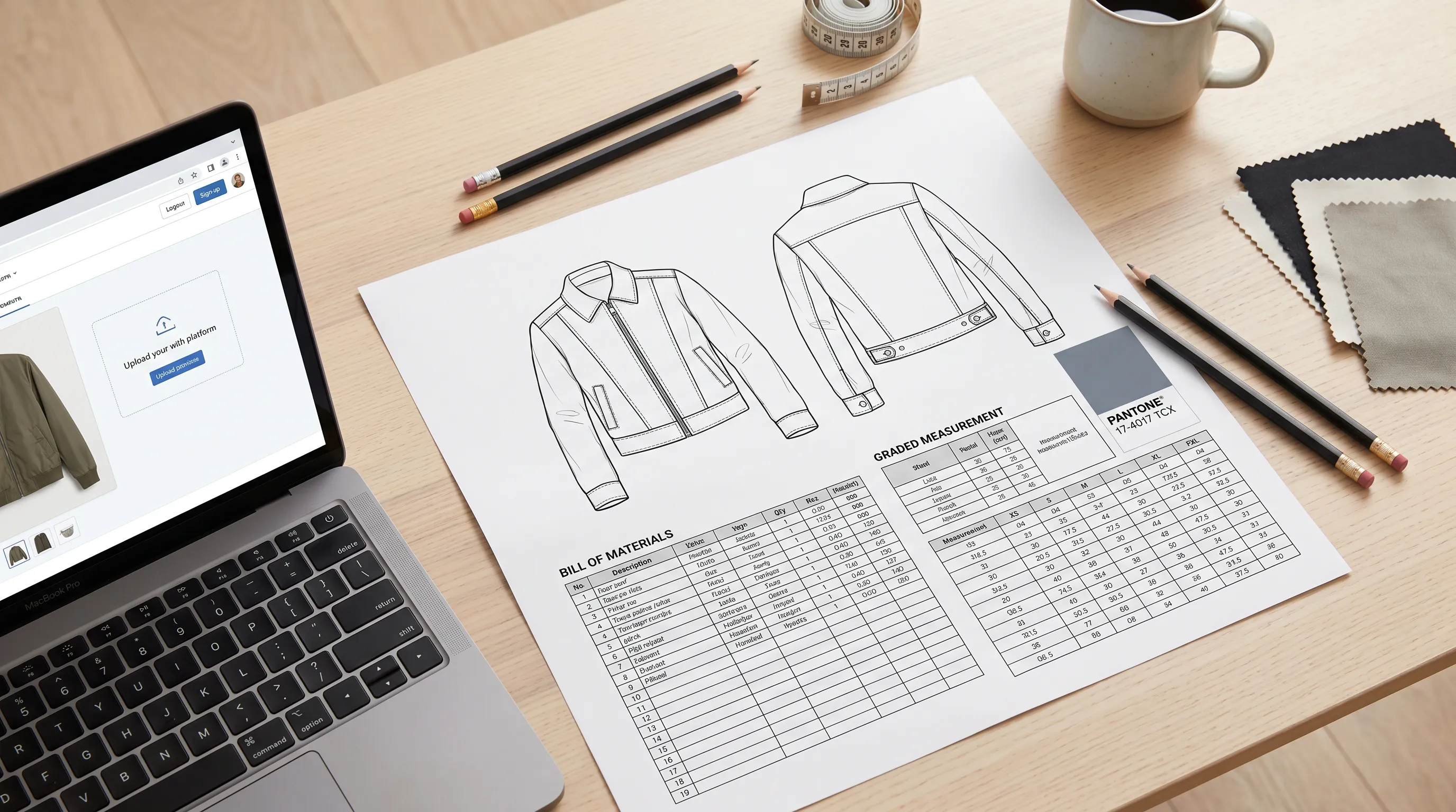 Adstronaut AI factory-ready tech pack generated from one garment photo: flat sketch, bill of materials, graded measurements, and Pantone colorway, the deliverable Optitex users assemble downstream of pattern CAD