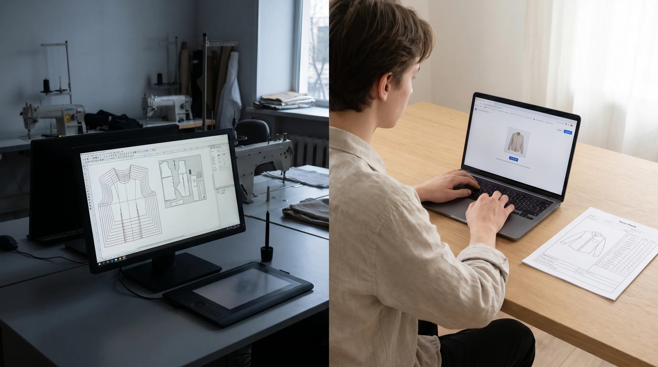 A small fashion brand founder uploading a single garment photo on a laptop to generate a tech pack, beside a complex enterprise pattern-CAD workstation showing a graded 2D pattern and marker layout