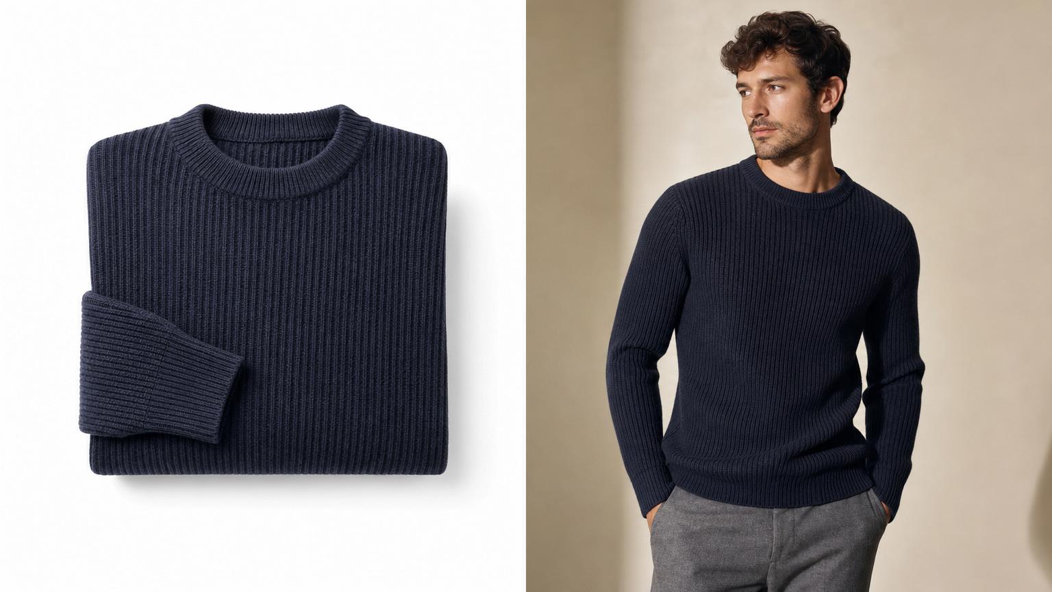 Side by side: a Photoroom-style clean cut-out packshot of a folded sweater on a white background versus an Adstronaut AI on-model editorial photograph of the same sweater worn by a fashion model in a studio scene
