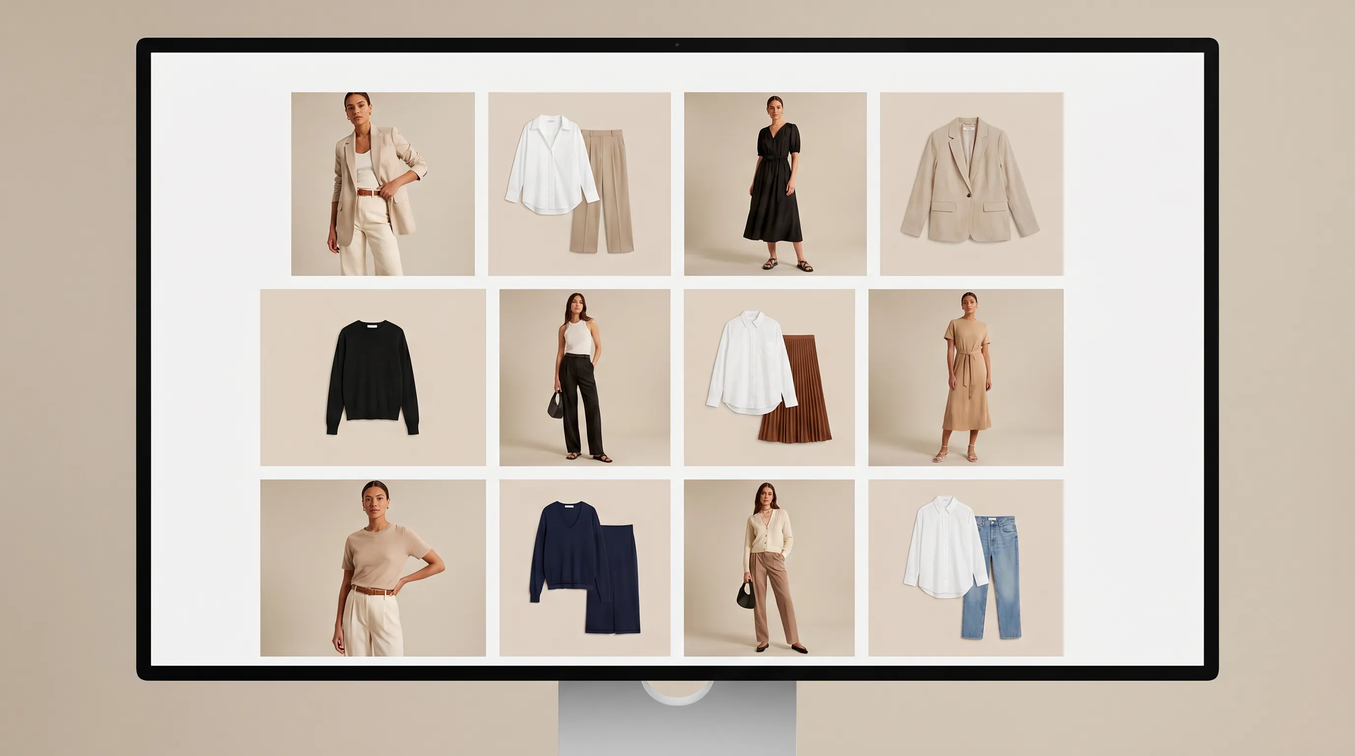 A grid of AI-generated on-model and product photos replacing manual Photoshop editing