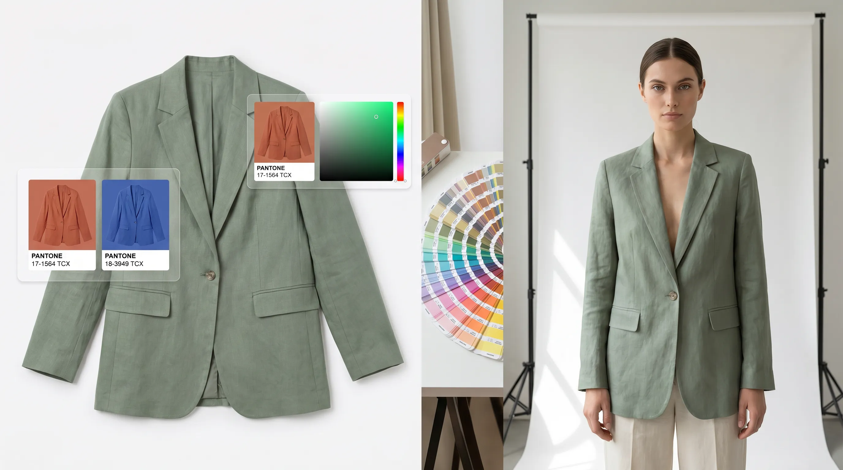 Adstronaut AI recoloring a garment to a Pantone code and rendering it on a model from a single flat-lay photo, the fashion e-commerce jobs Photoshop does by hand or cannot do