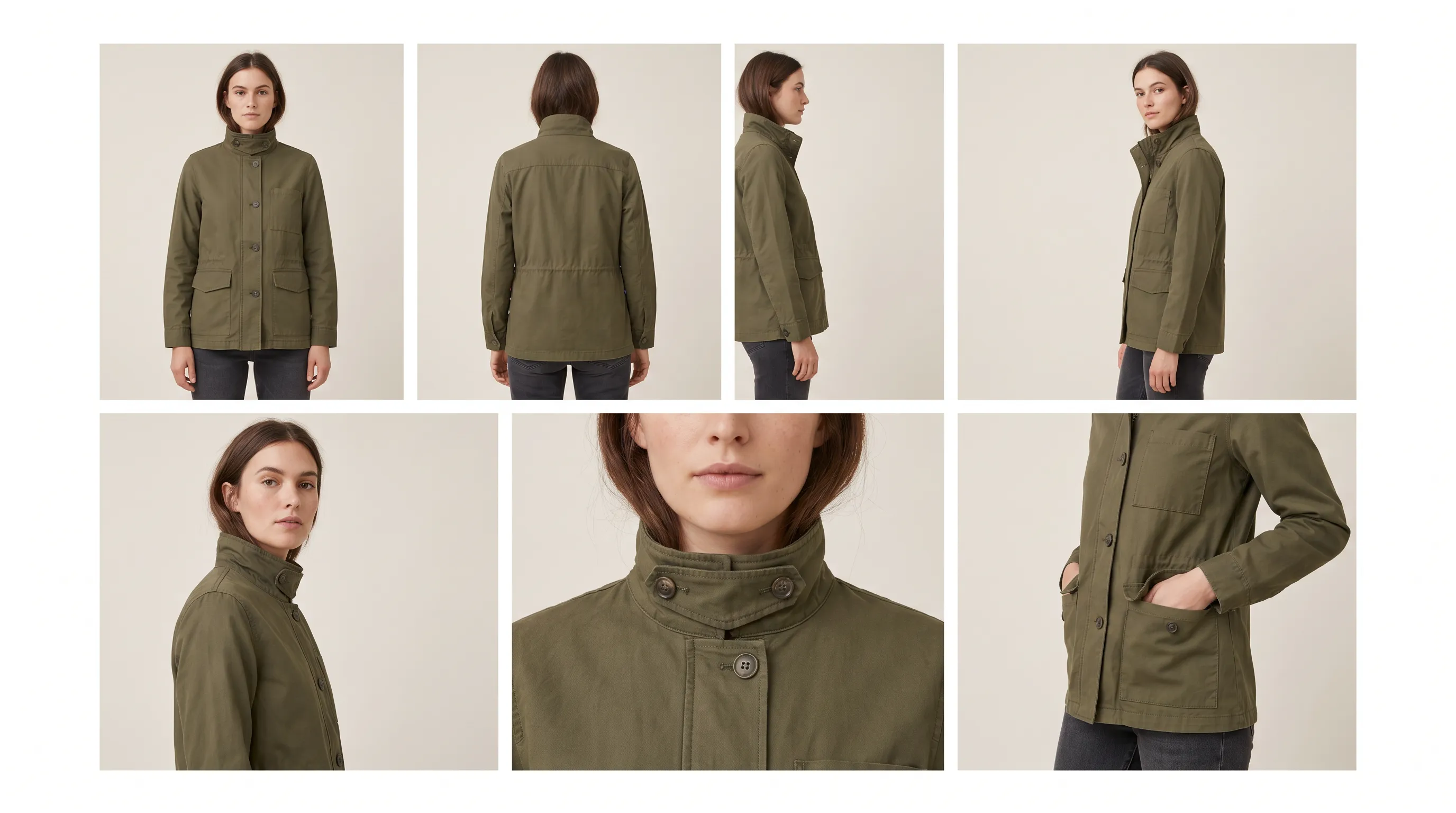 A multi-angle e-commerce product detail gallery generated by Adstronaut showing front, back, side, and detail views of the same garment on one consistent model, the full PDP set a cutout app cannot produce