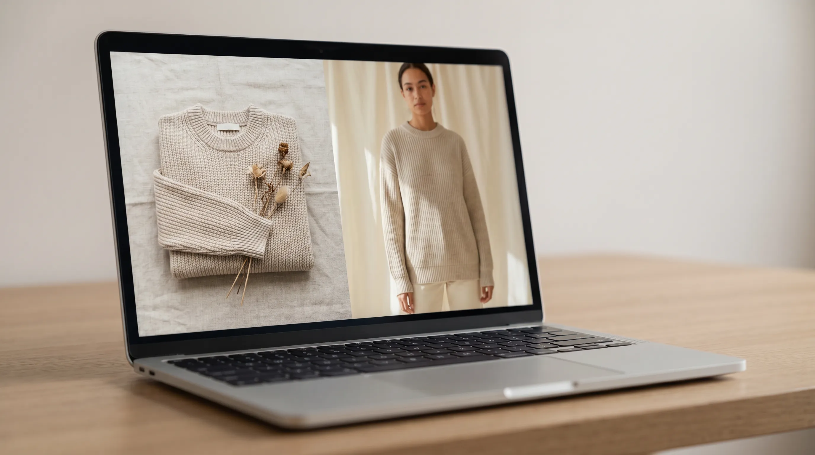 Adstronaut AI turning a flat-lay garment photo into an editorial on-model fashion photoshoot, the on-model image a background-removal app cannot produce