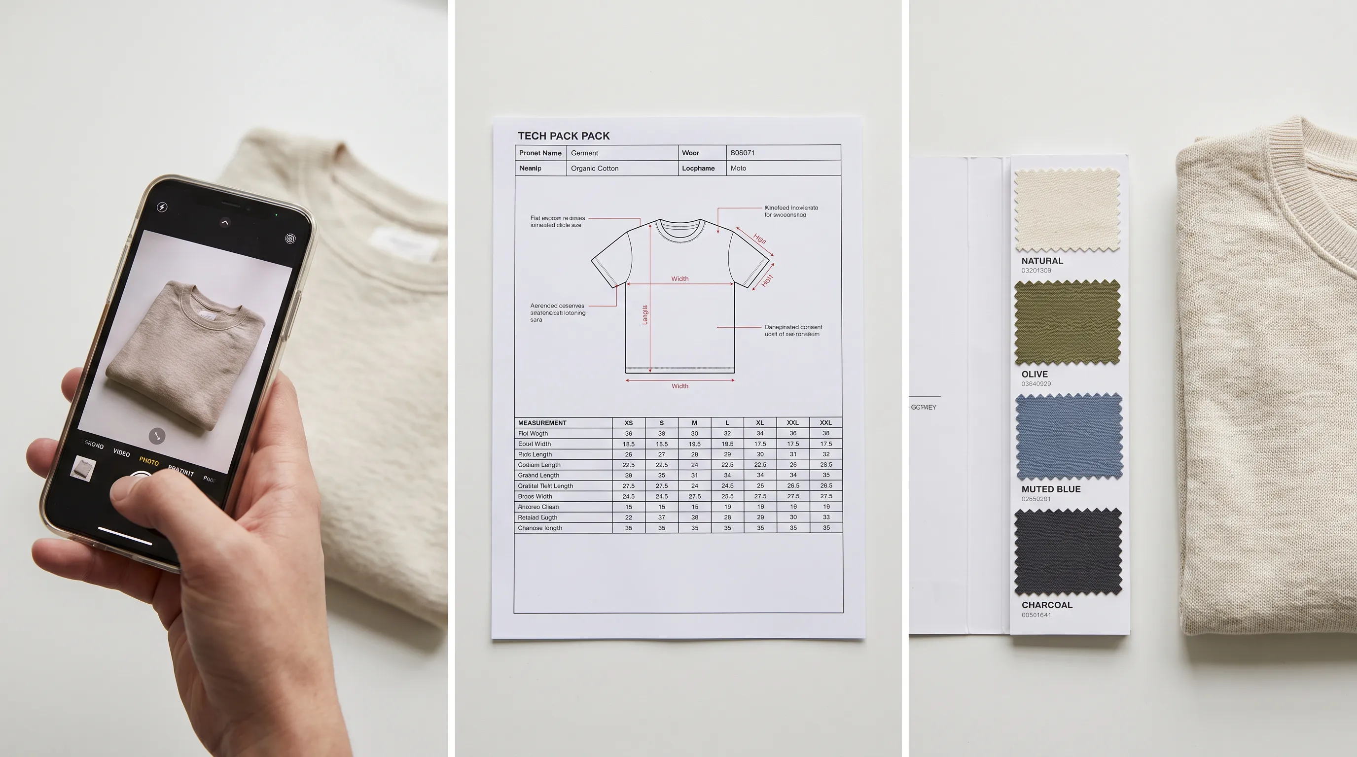 A real garment sample photographed on a table transforming into an Adstronaut tech pack with annotated flats, graded measurements, and Pantone TCX colorways