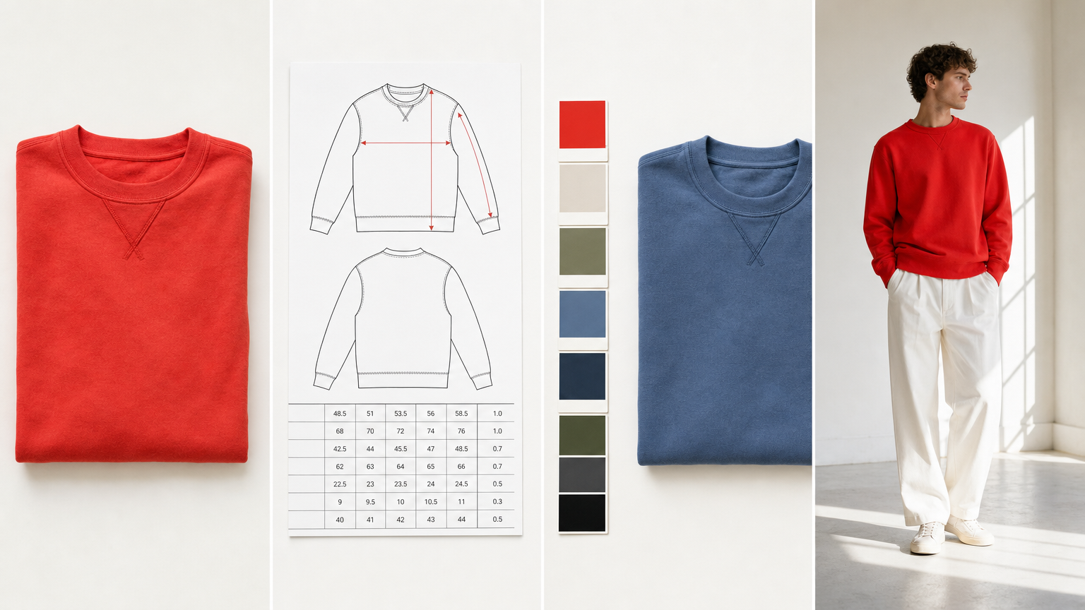 One garment photo becoming an Adstronaut fully graded tech pack, a Pantone colorway, and an on-model photoshoot image, arranged left to right on a clean bright surface