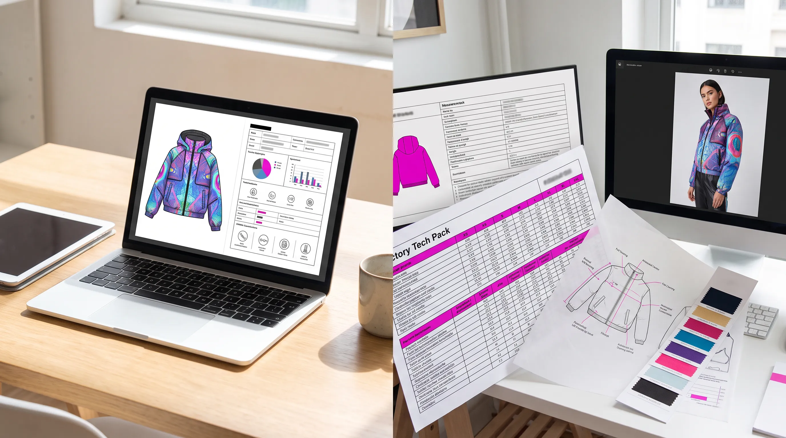 Comparison of Styls.ai alternatives for fashion brands: an AI design tool with a single-size spec beside a platform generating a fully graded factory tech pack, a Pantone colorway, and an on-model image from one photo