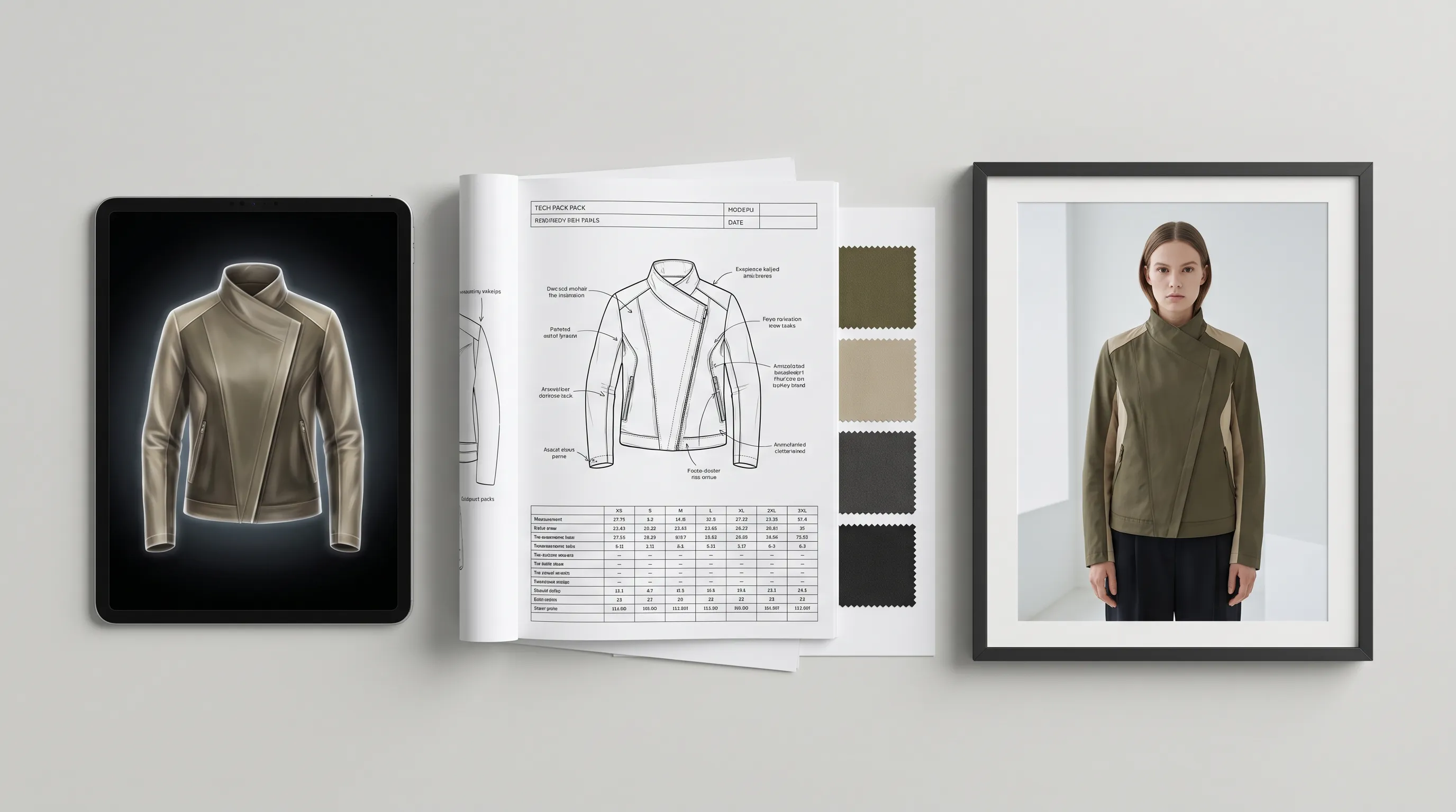 A concept fashion design render becoming an Adstronaut tech pack and an on-model photoshoot image, showing the step from design to production