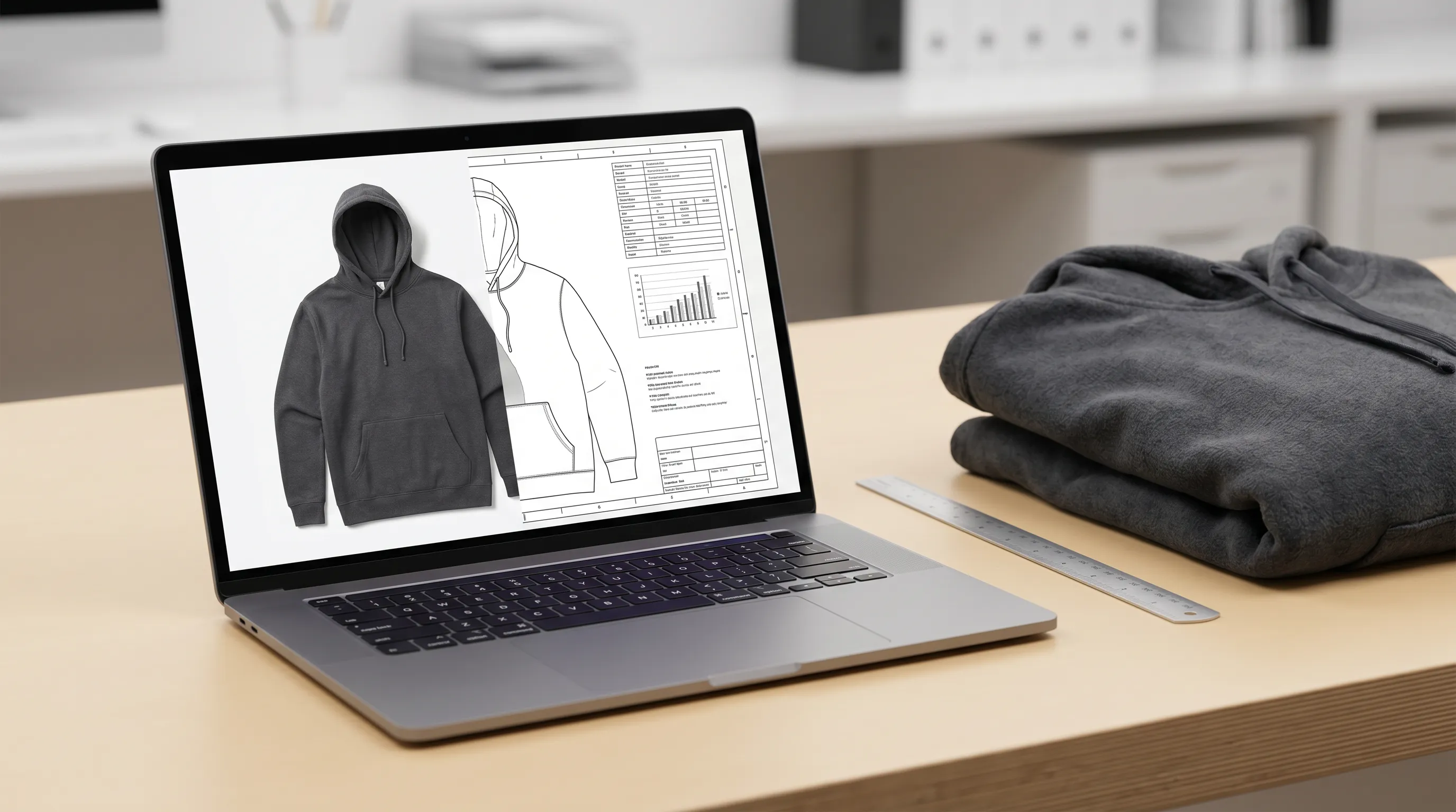 Adstronaut AI generating a technical flat sketch and bill of materials from a single garment photo, the step Techpacker leaves to Illustrator