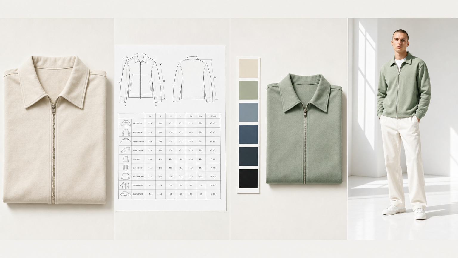 One garment photo becoming an Adstronaut tech pack, a Pantone colorway, and an on-model photoshoot image, arranged left to right on a clean bright surface