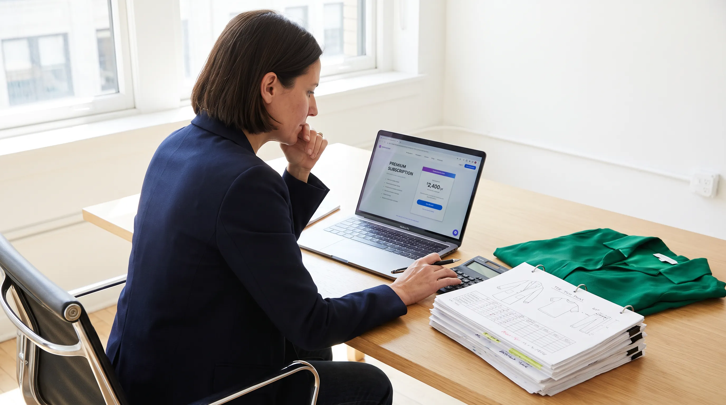A fashion founder at a bright desk weighing a premium workspace subscription against a stack of documented tech packs generated affordably from photos