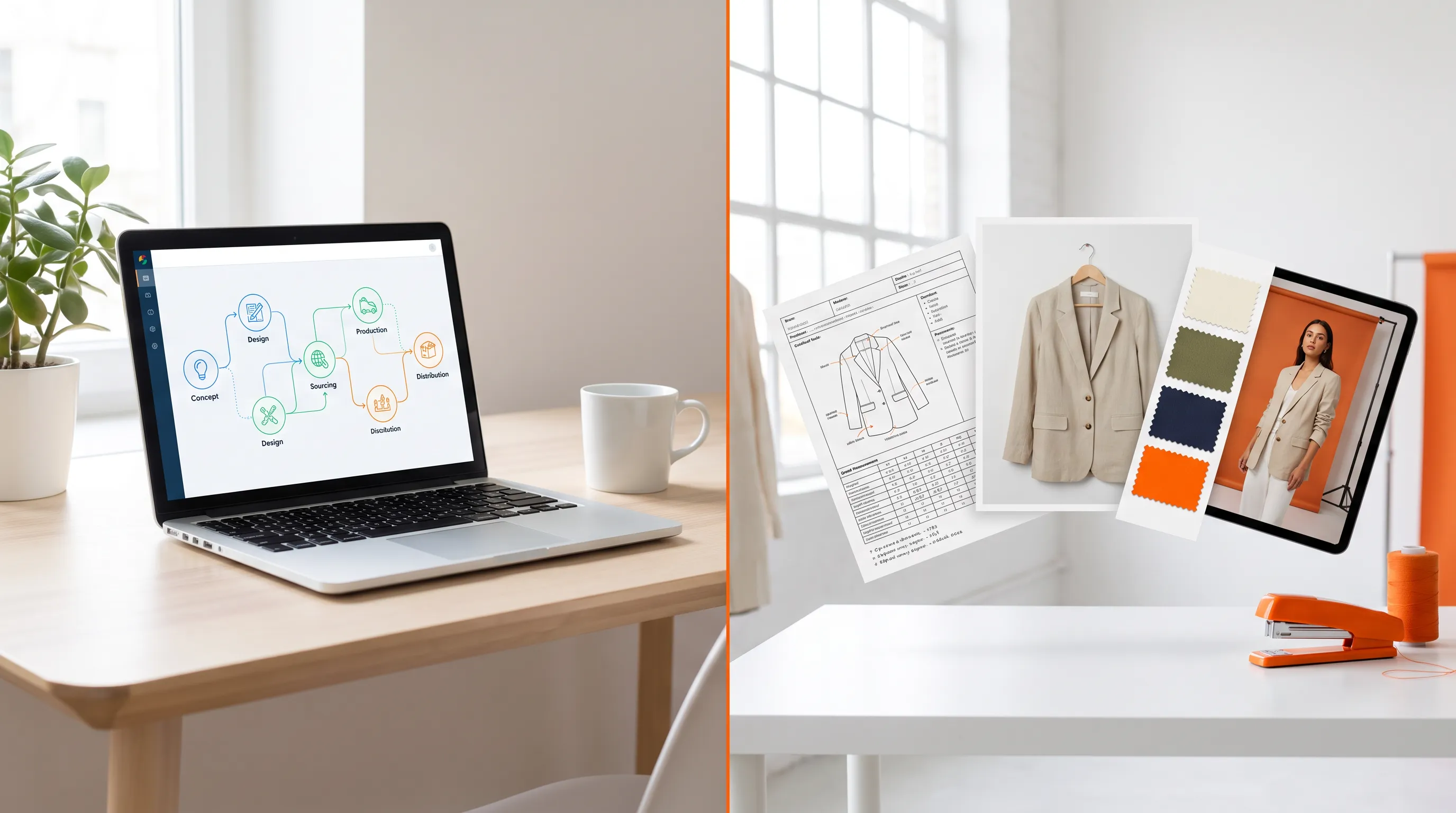 Comparison of The F* Word alternatives for fashion brands: an agentic workspace beside a platform generating a documented factory tech pack, a Pantone colorway, and an on-model image from one photo
