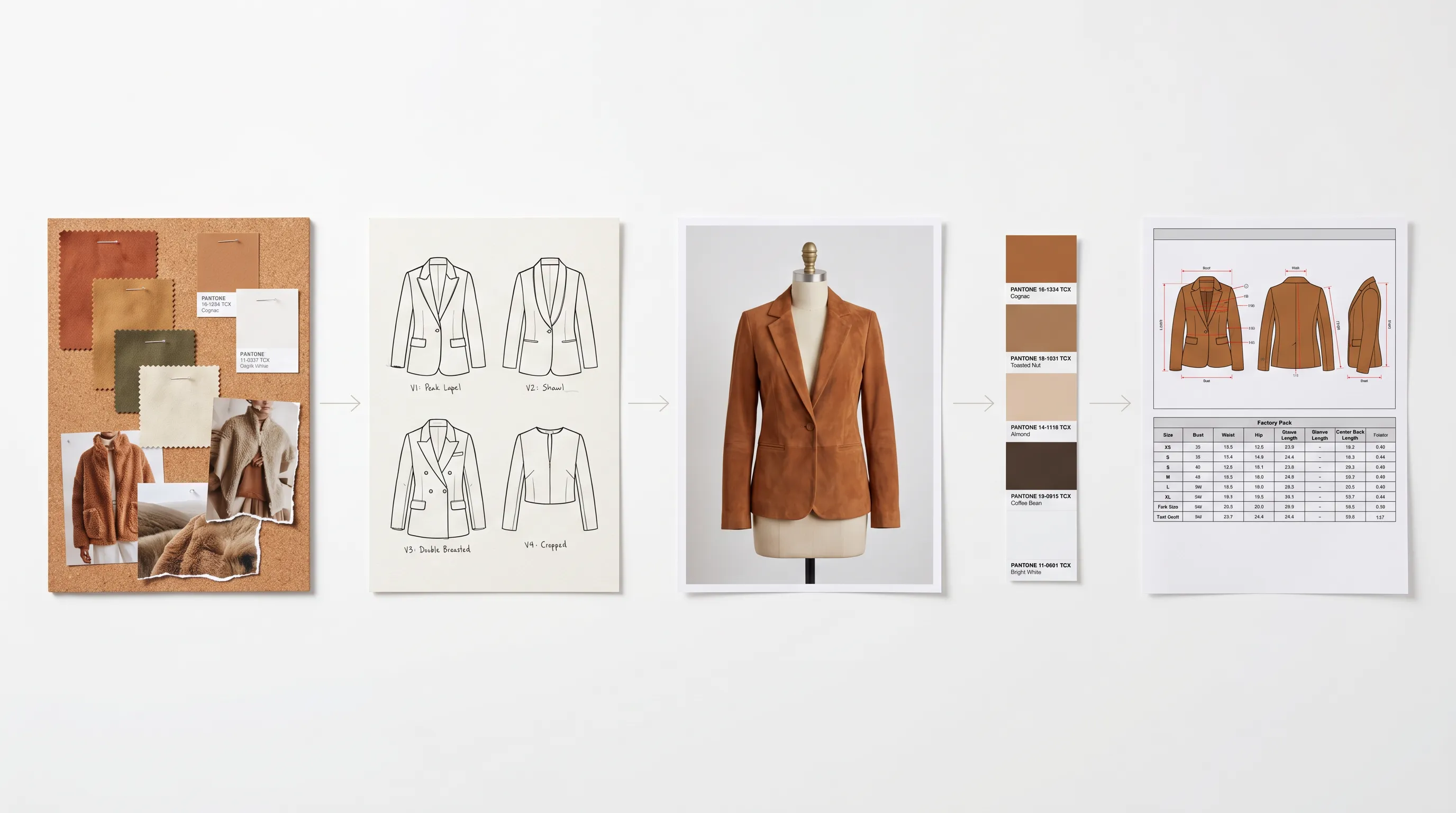 Adstronaut AI workflow from one moodboard to four illustrations, a photoreal render, a Pantone palette, and a factory-ready tech pack