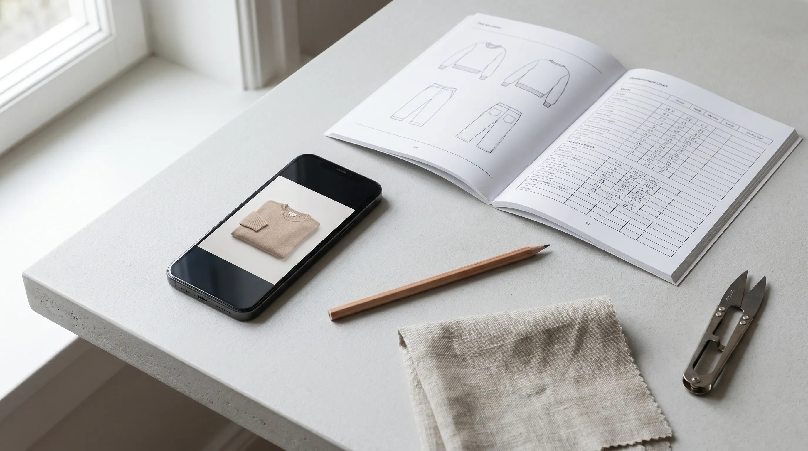 A smartphone garment photo becoming an annotated tech pack with flats and measurements, without pattern CAD