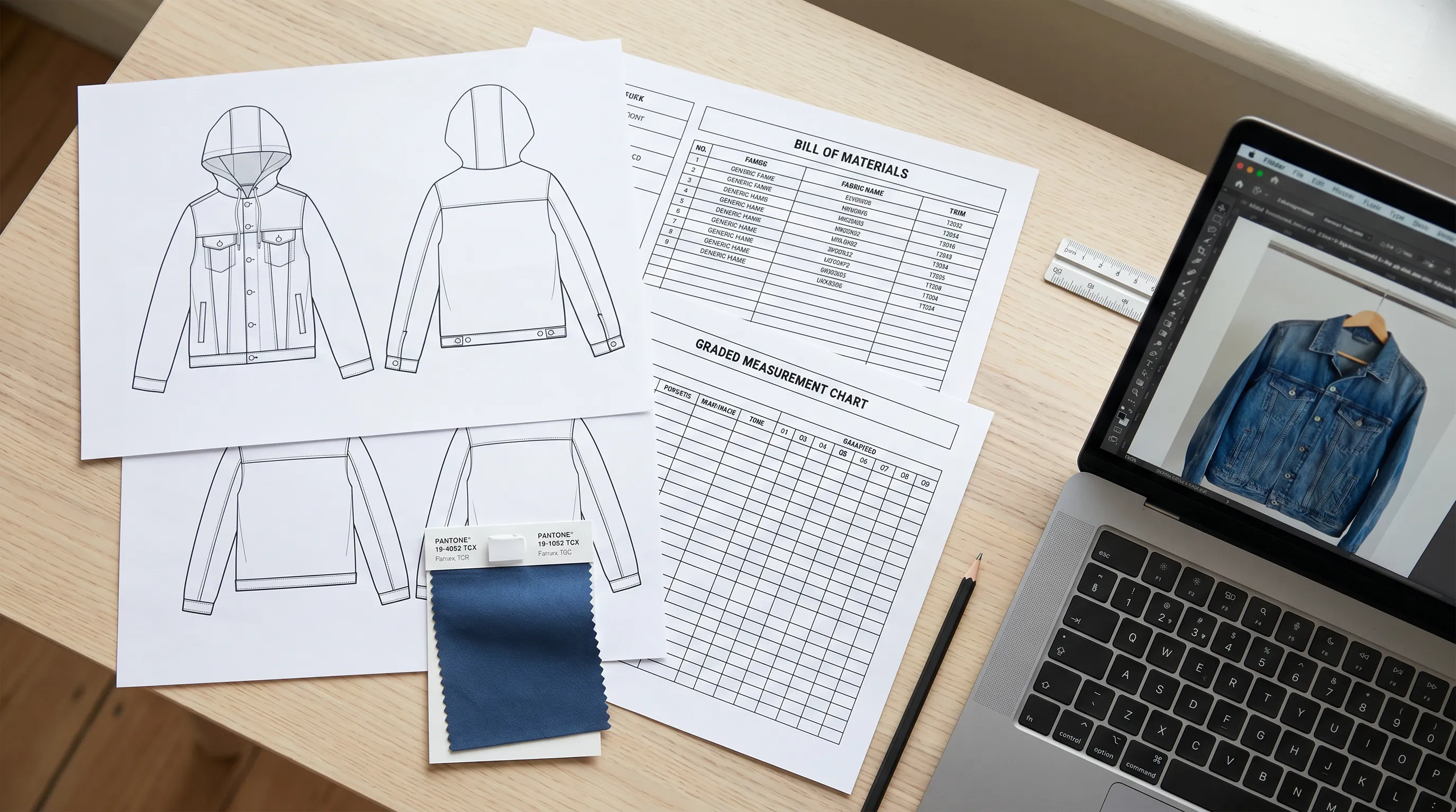 Adstronaut AI factory-ready tech pack generated from one photo: flat sketch, bill of materials, graded measurements, and Pantone colorway