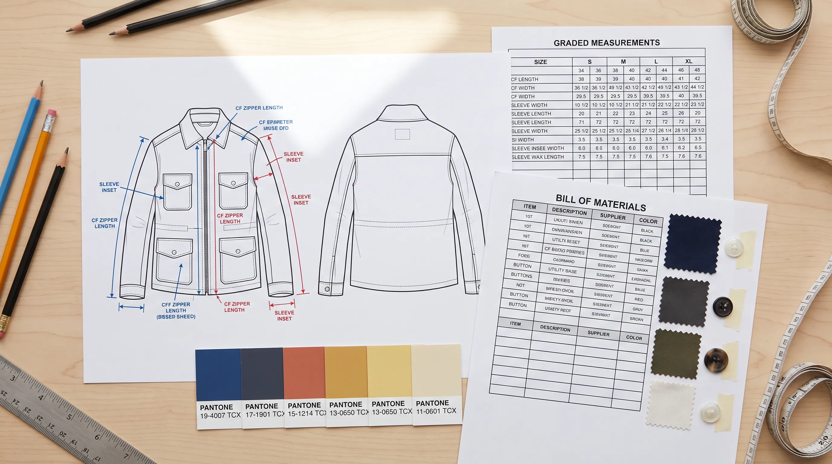 Adstronaut AI tech pack generated from one garment photo showing annotated flat sketch, graded measurement chart, bill of materials, and Pantone TCX colorway chips on a clean desk