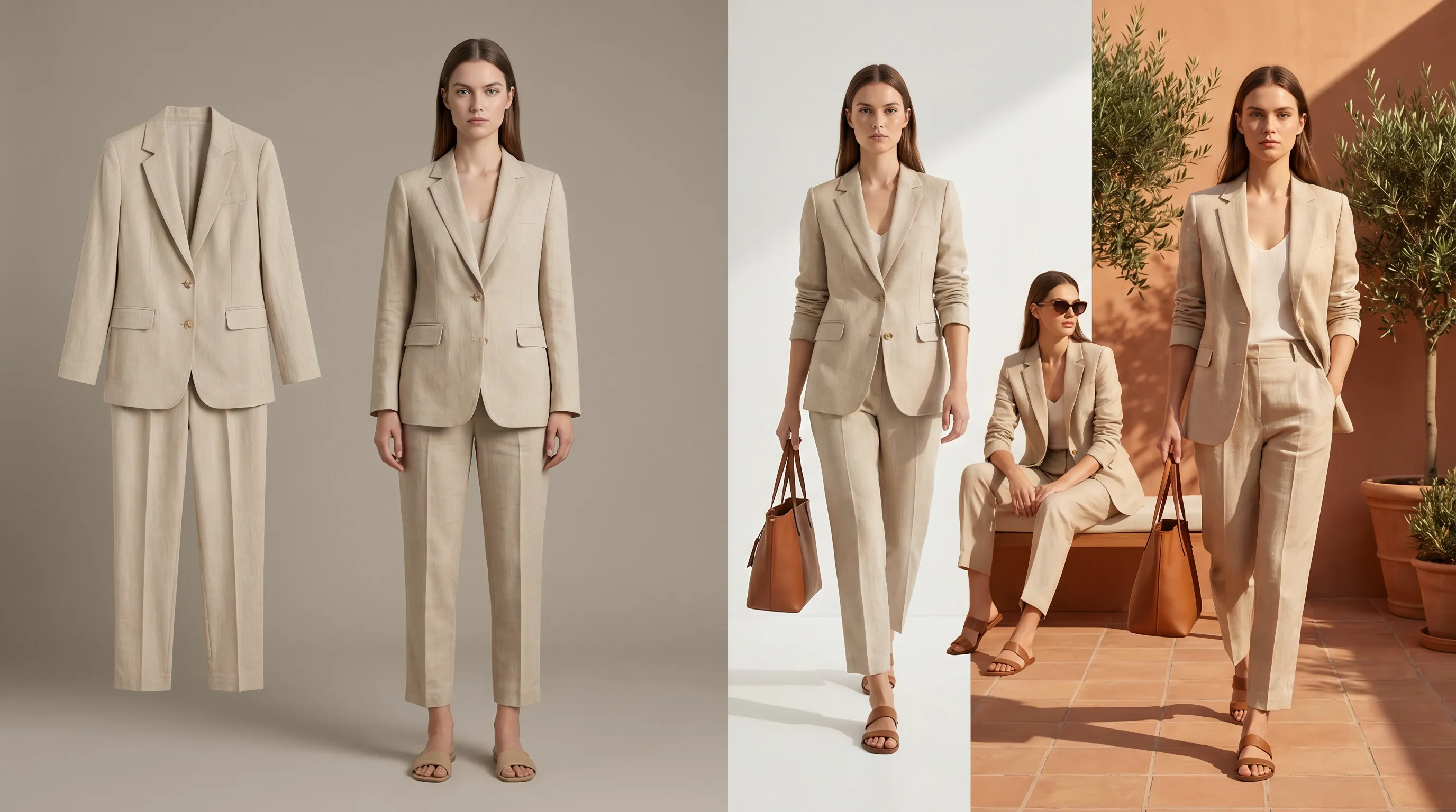 Split comparison of AI on-model fashion photography: a Botika-style single flat-lay swapped onto one AI model versus an Adstronaut multi-pose, multi-scene set of the same garment on a named AI model
