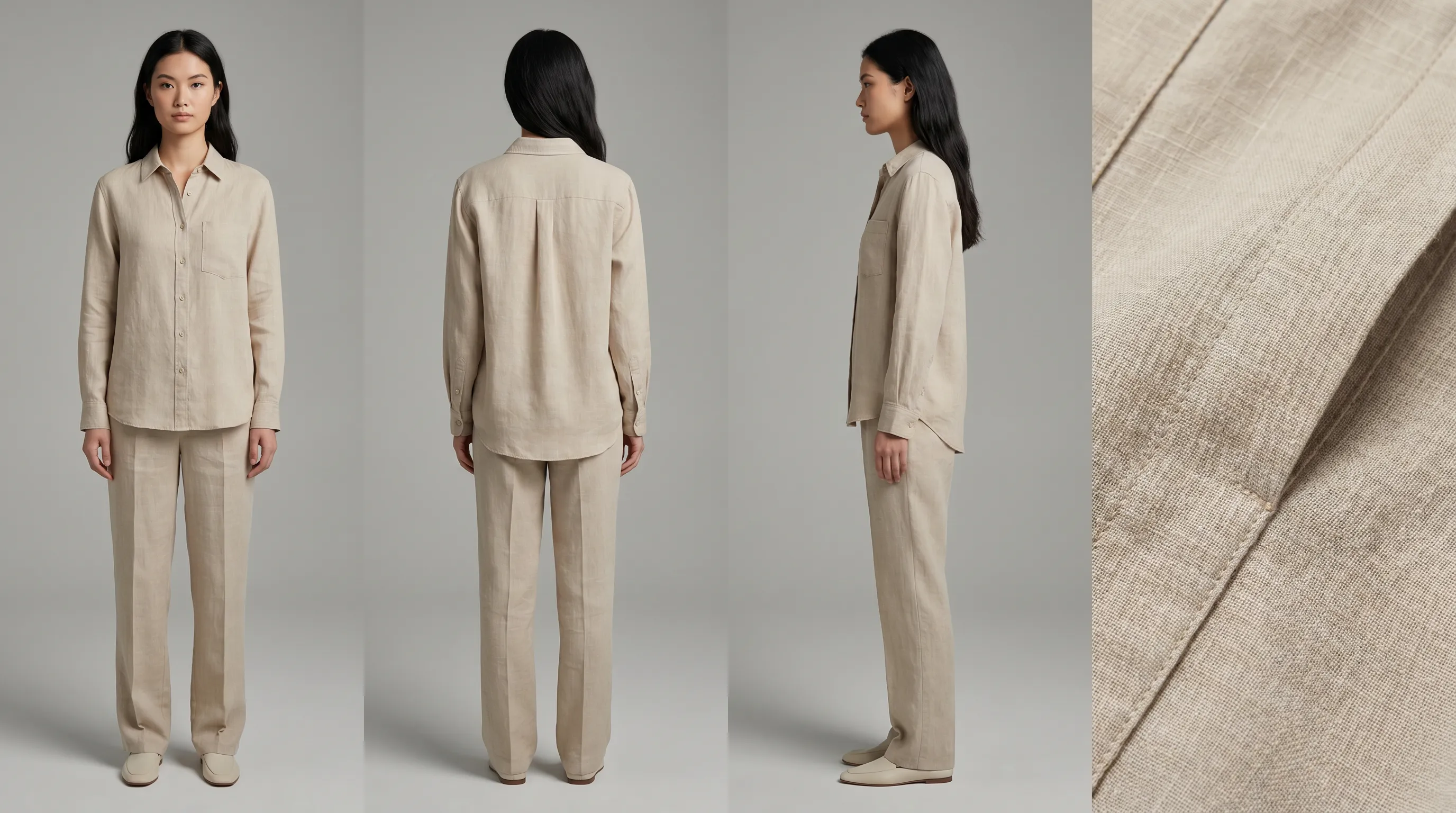 Multi-angle AI lookbook gallery: the same garment on one consistent AI model shown front, back, side, and detail views against a uniform studio backdrop
