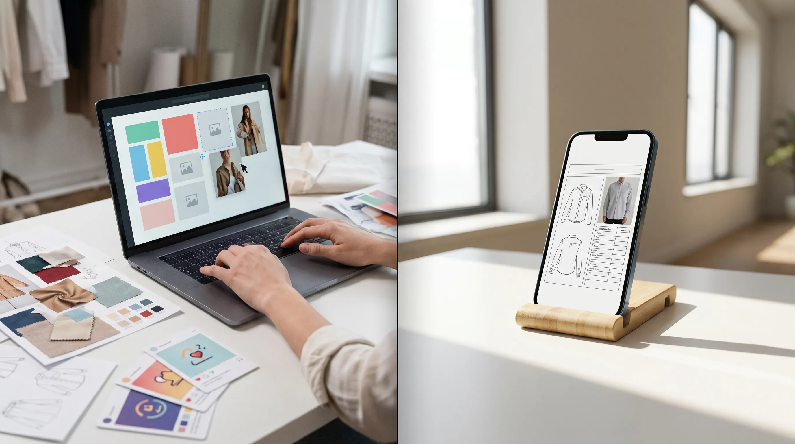 Split comparison: a fashion designer arranging a tech-pack layout from Canva templates versus an Adstronaut AI tech pack generated from one garment photo