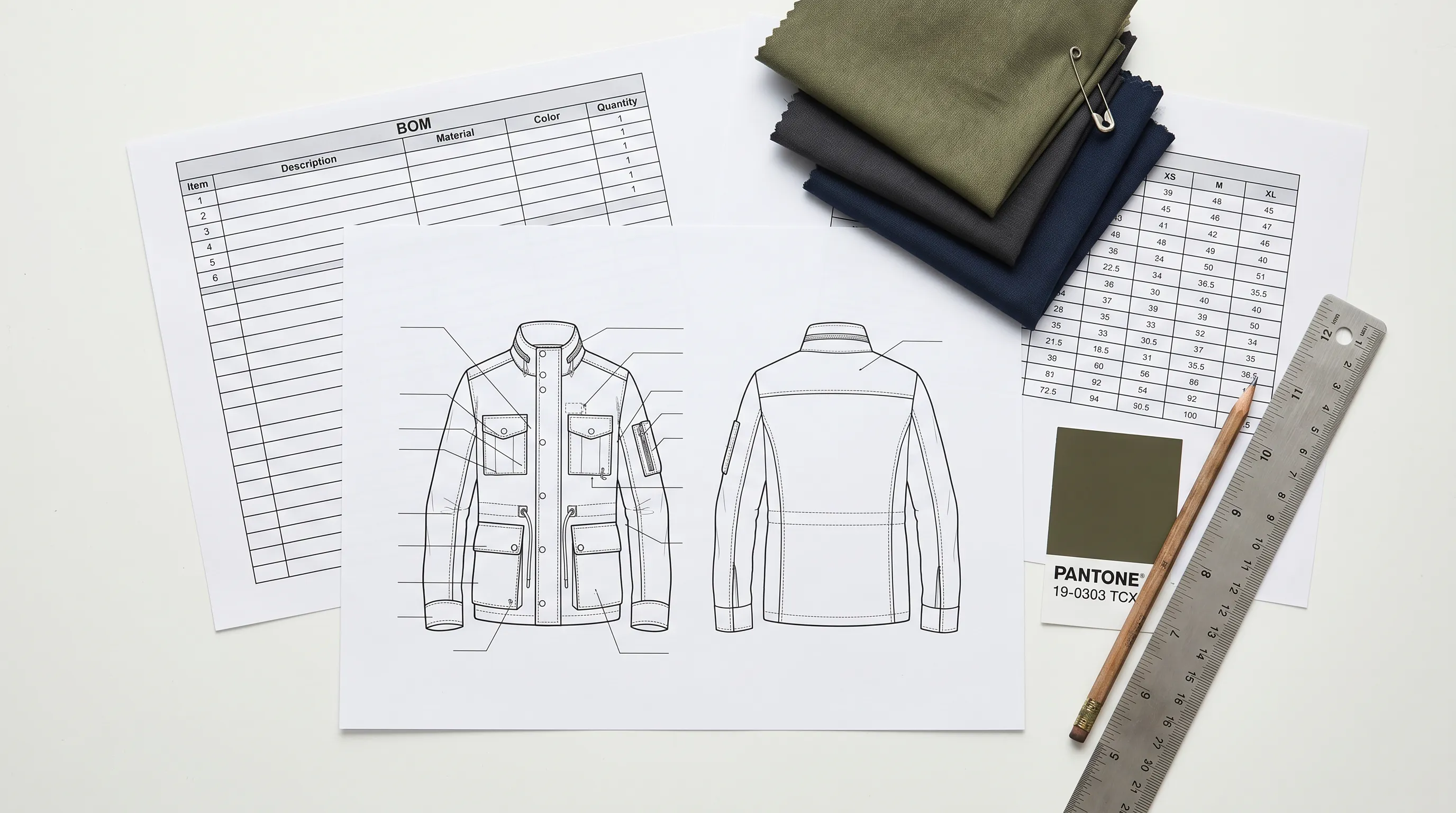 Overhead flat-lay of a factory-ready fashion tech pack: technical flat sketches, structured bill of materials, graded measurement chart, fabric swatches and a Pantone chip