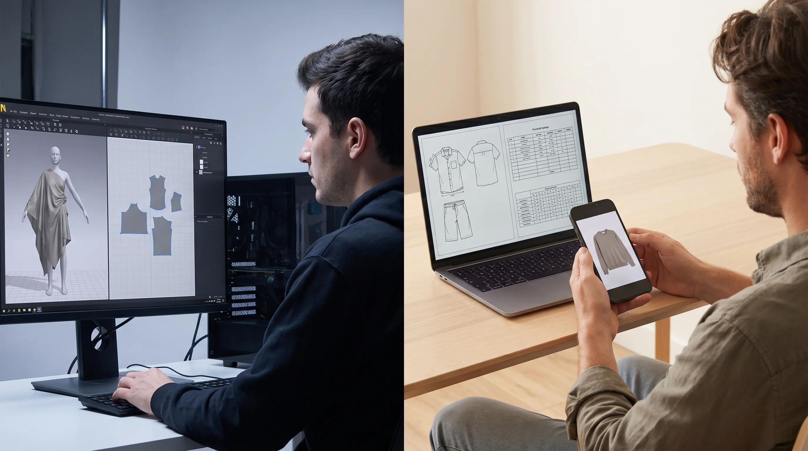 CLO 3D versus Adstronaut AI: a 3D garment-simulation workstation draping a digital garment on an avatar beside a designer generating a tech pack from one garment photo on a laptop