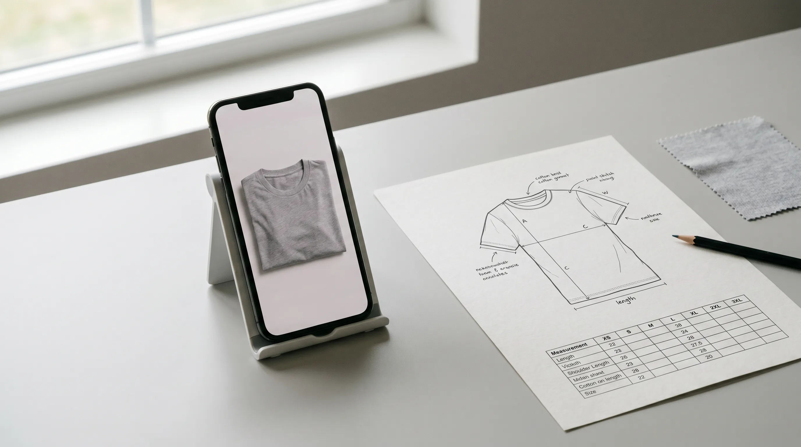 A smartphone showing a single garment photo beside an annotated flat sketch and measurement chart — a photo-to-tech-pack workflow with no 3D modeling or CAD