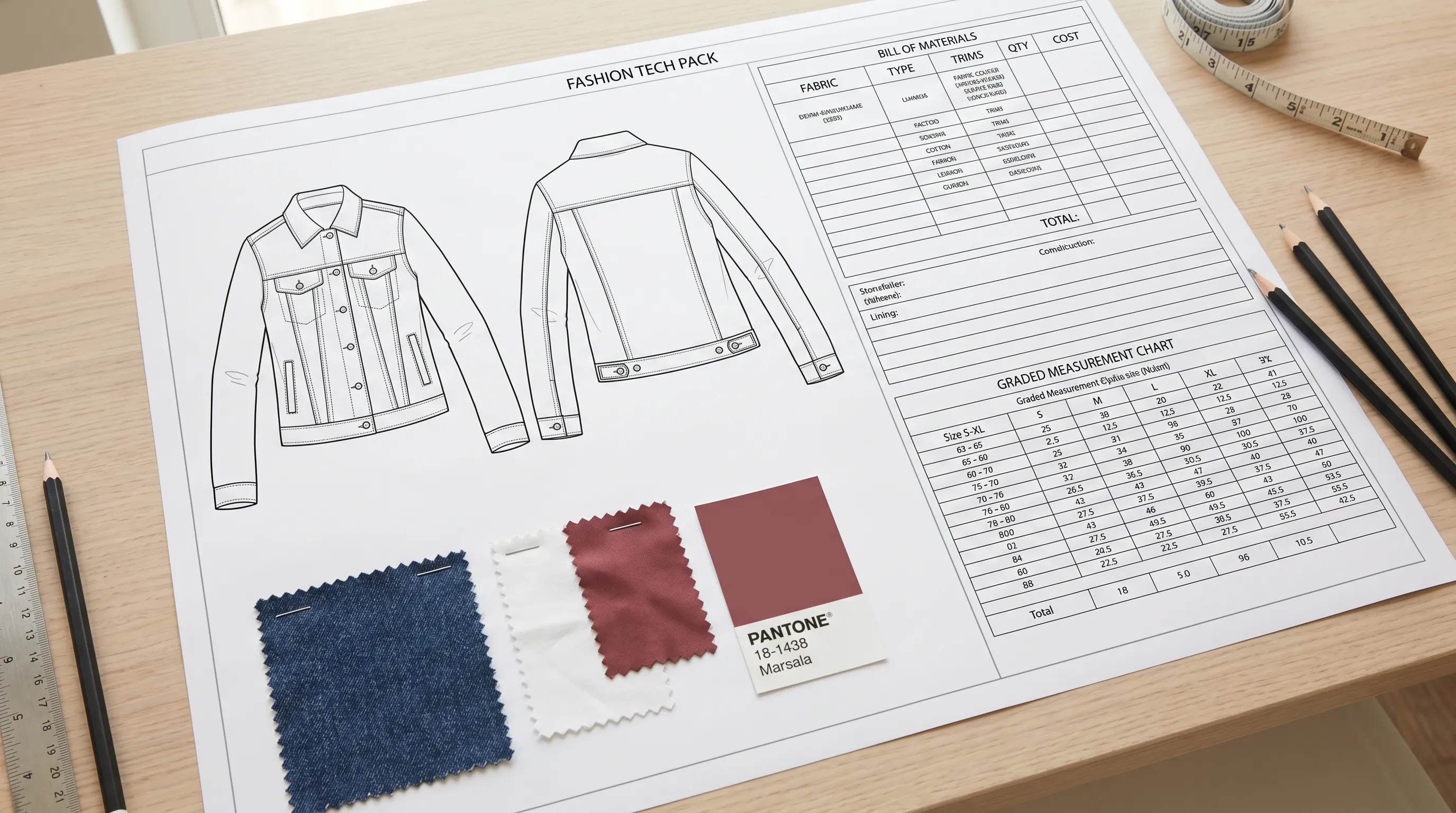 Adstronaut AI tech pack generated from one garment photo without 3D simulation: technical flat sketches front and back, bill of materials table, graded measurement chart, fabric swatches and a Pantone chip on a clean desk