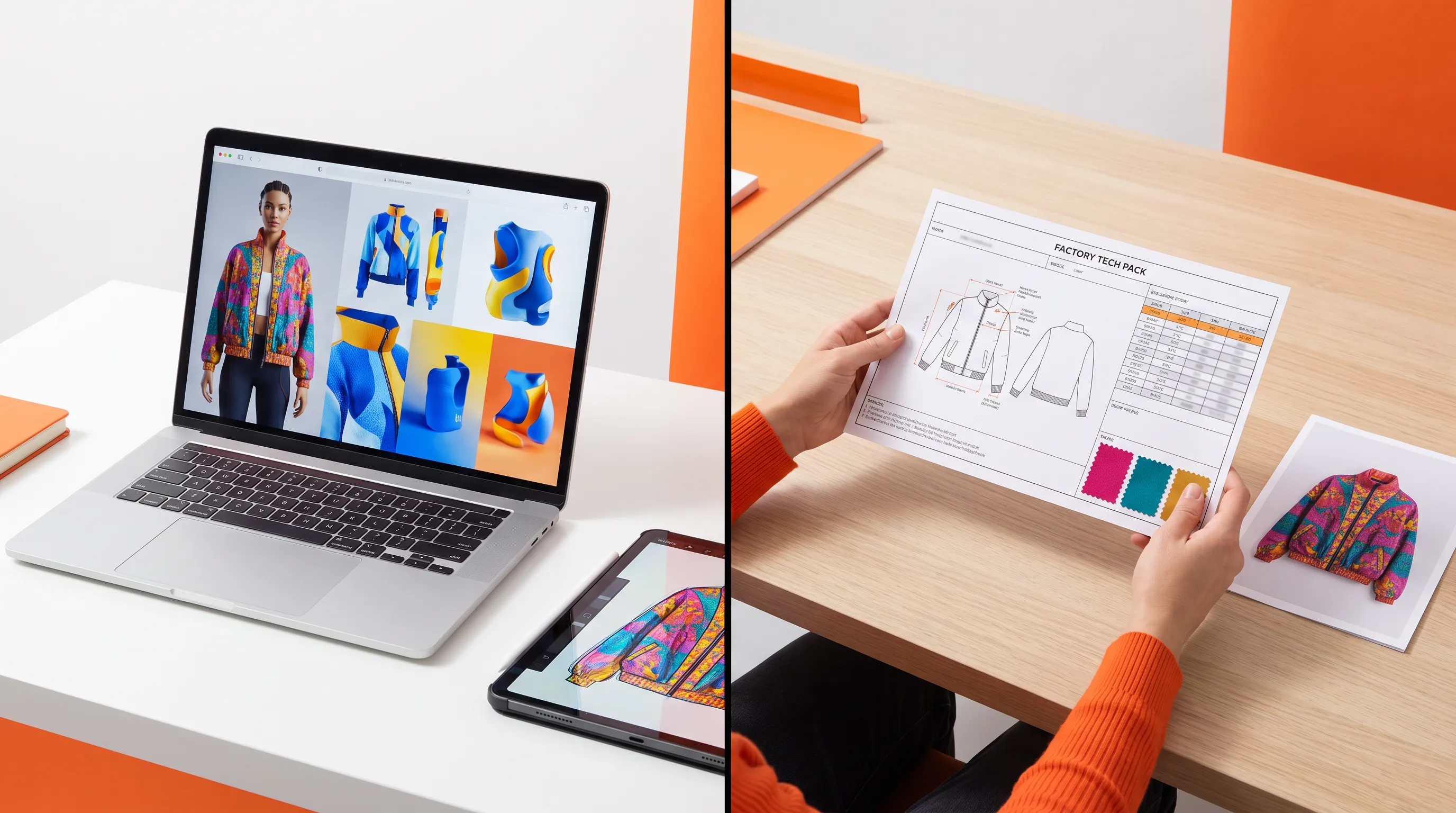 Split comparison of two AI fashion tools: Genpire generating AI product visuals and a virtual try-on beside Adstronaut generating an annotated factory-ready tech pack from a garment photo