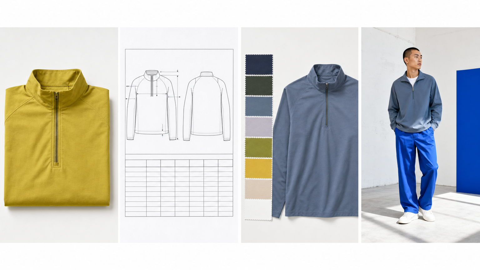 One garment photo becoming an Adstronaut tech pack, a Pantone colorway, and an on-model photoshoot image arranged left to right on a clean bright surface