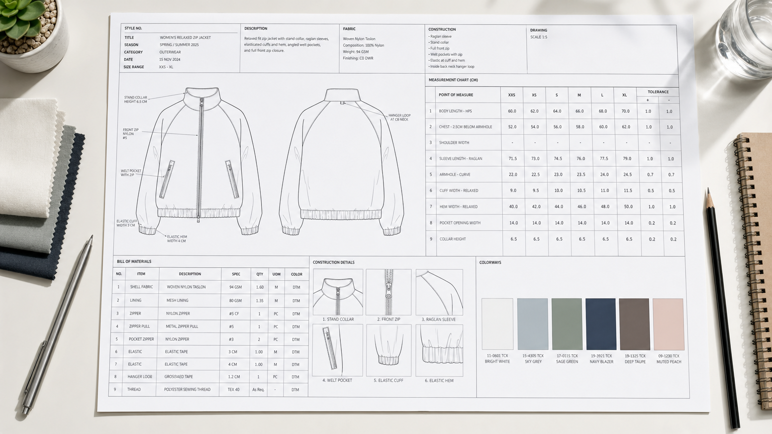 Adstronaut AI tech pack generated from one garment photo showing annotated flat sketch, graded measurement chart with tolerances, bill of materials, and Pantone TCX colorway chips on a clean desk